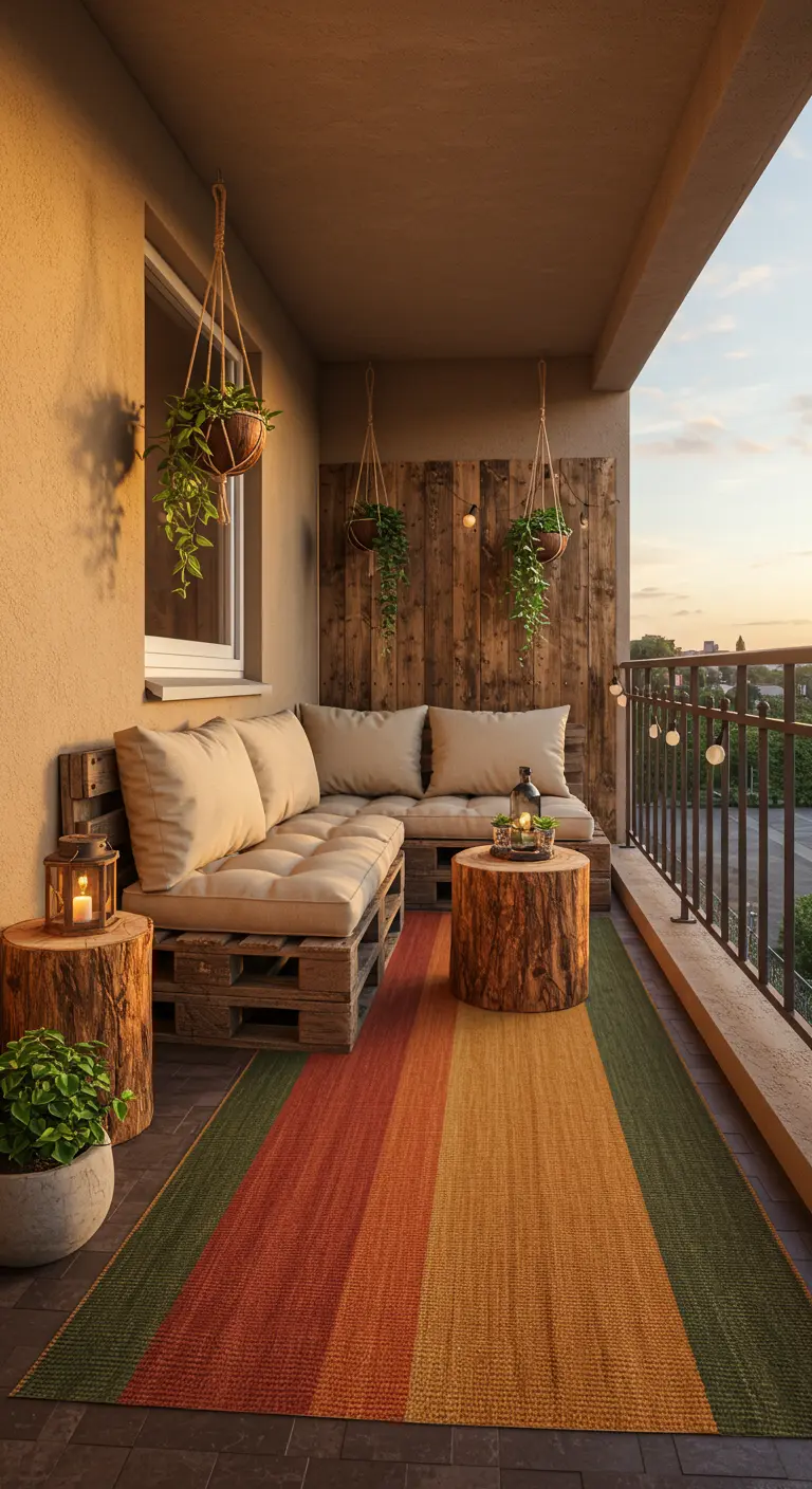 Balkon met regenboogkleurig buitenkleed, palletbank en hangplanten.