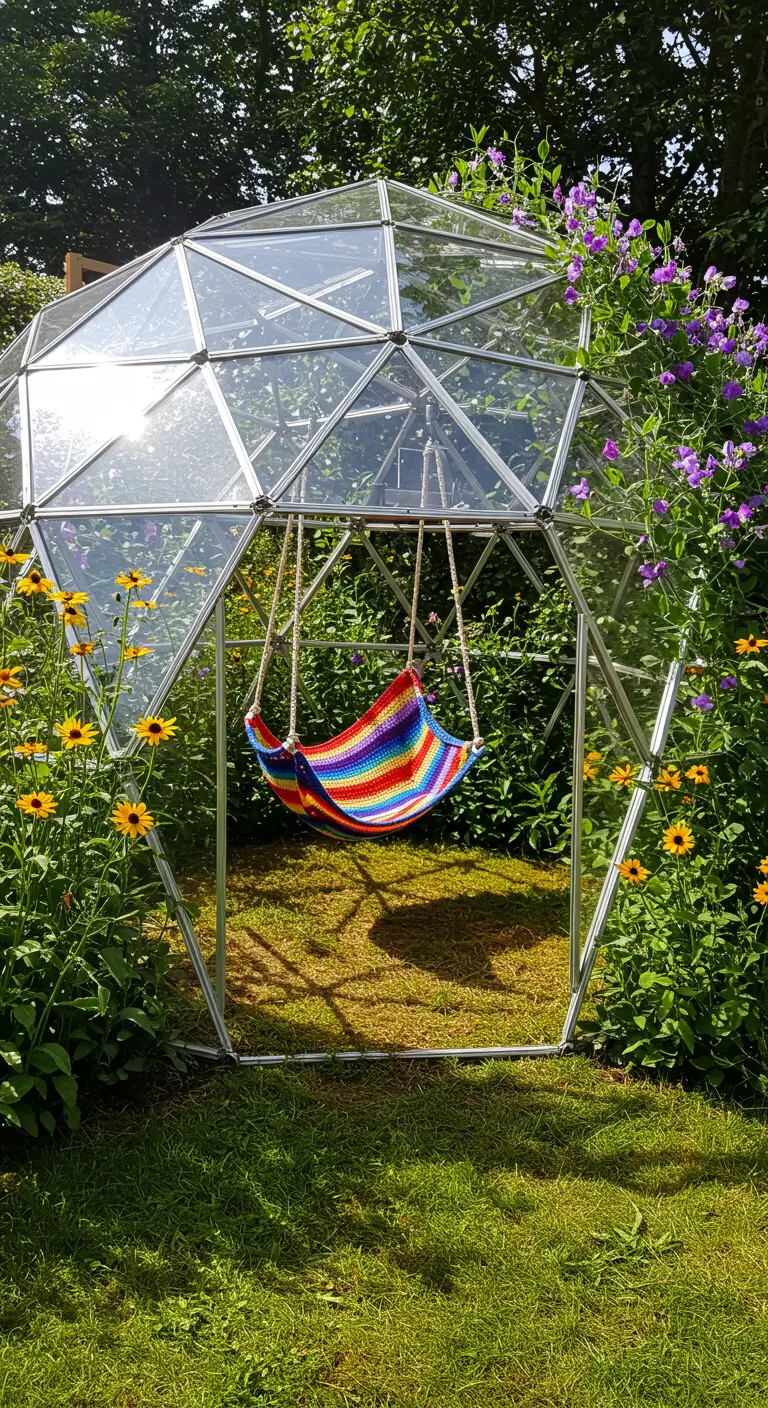 Kleurrijke hangmat in een glazen geodetische koepel omringd door bloemen.