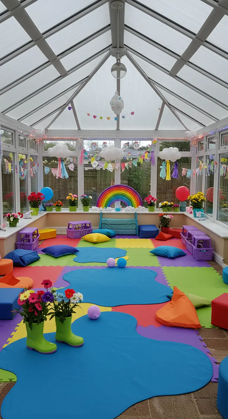 Kleurrijke speelruimte in een serre met regenboogdecoraties, speelmatten en bloemen.