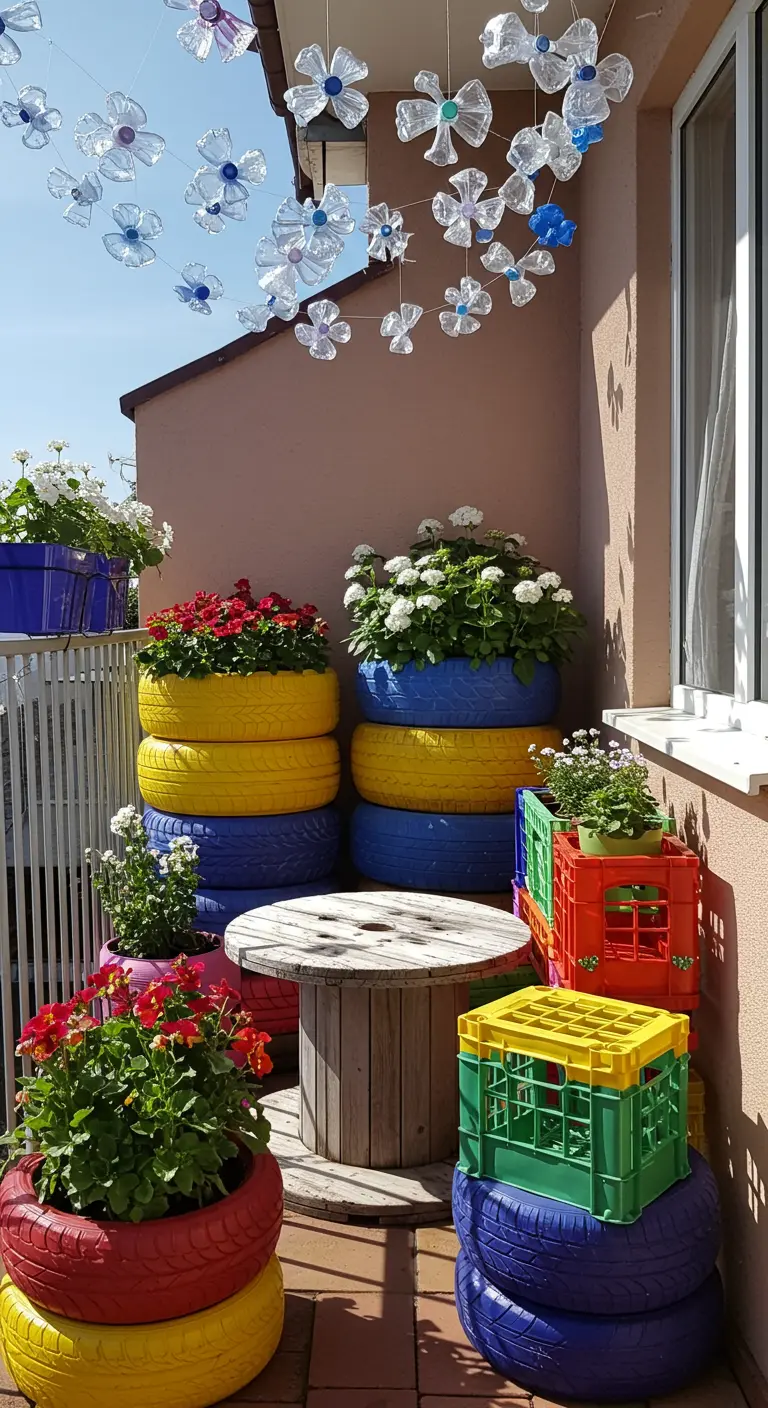 Balkon met gestapelde, kleurrijk geverfde autobanden en kratten als plantenbakken.