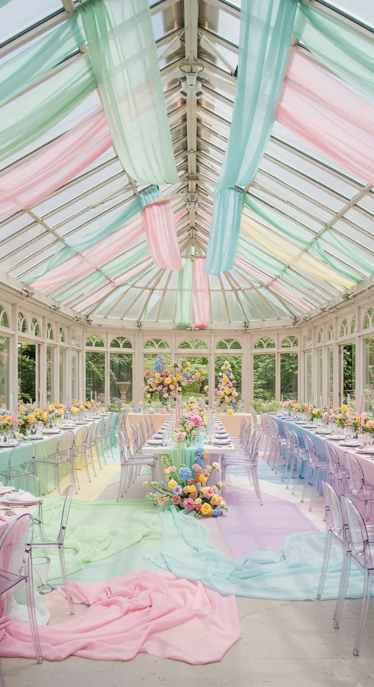 Glazen kas met pastelkleurige stoffen drapes aan het plafond en op de vloer