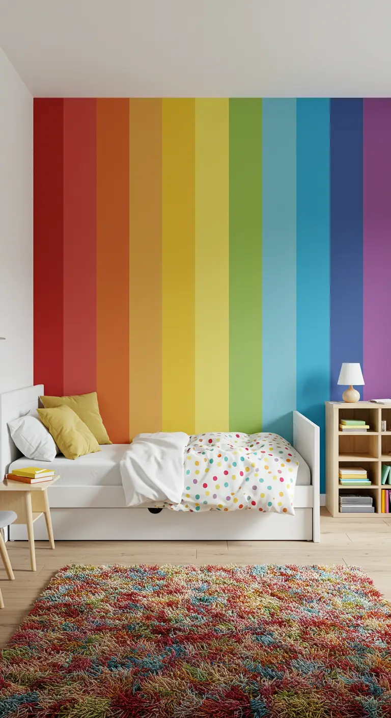 Kinderkamer met verticale regenboog kleurverloop muur en wit bed.