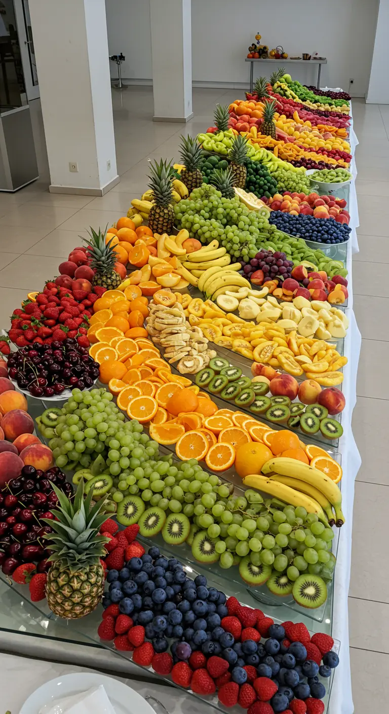 Extreem lange tafel bedekt met rijen kleurrijk fruit, geordend op kleur, van kiwi tot aardbei.