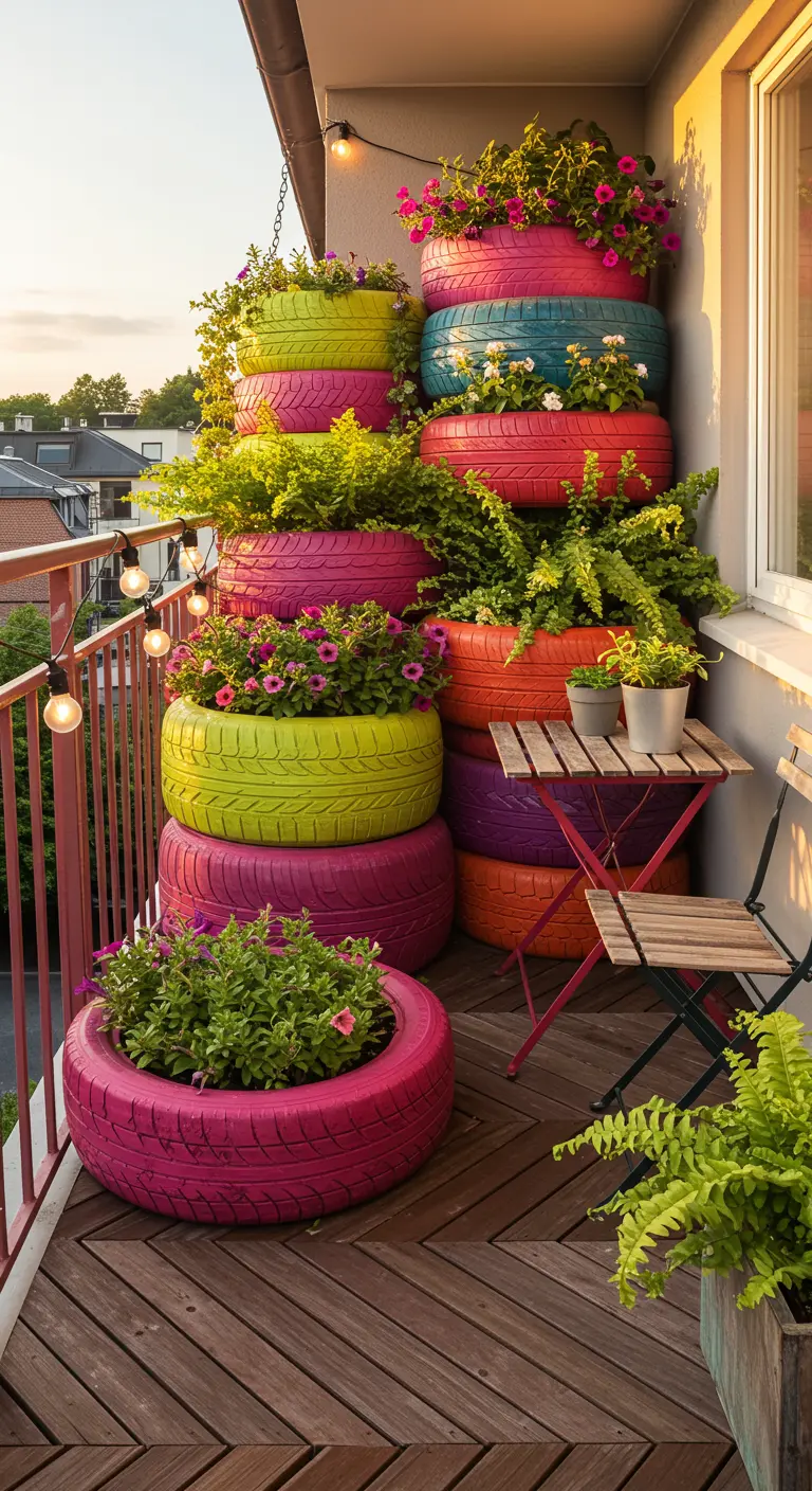 Gestapelde, felgekleurde autobanden als bloembakken op een balkon met bloemen.