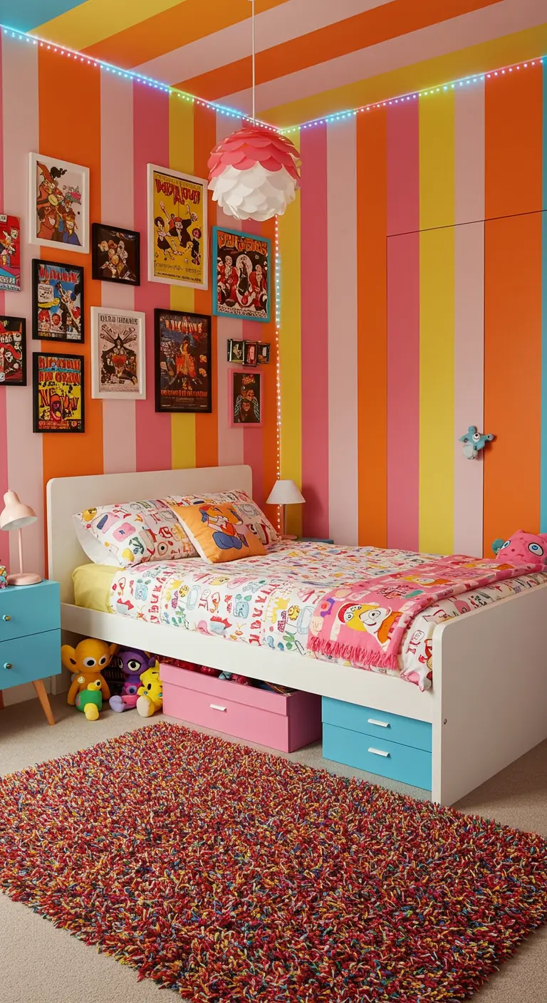 Slaapkamer met verticale regenboogstrepen op de muur, kleurrijk vloerkleed en witte meubels.