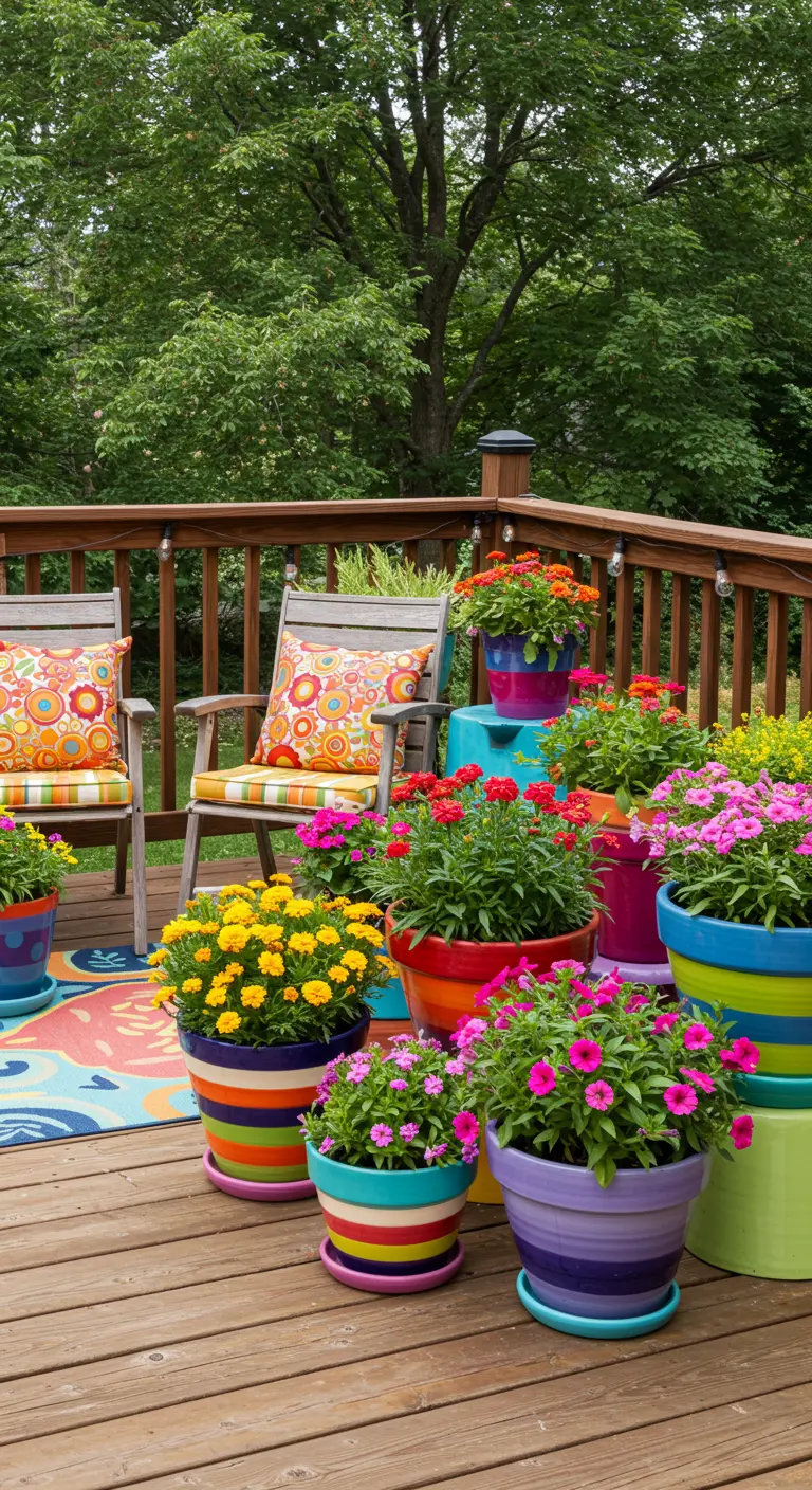 Vrolijk gekleurde gestreepte potten met diverse felgekleurde bloemen op een houten terras.