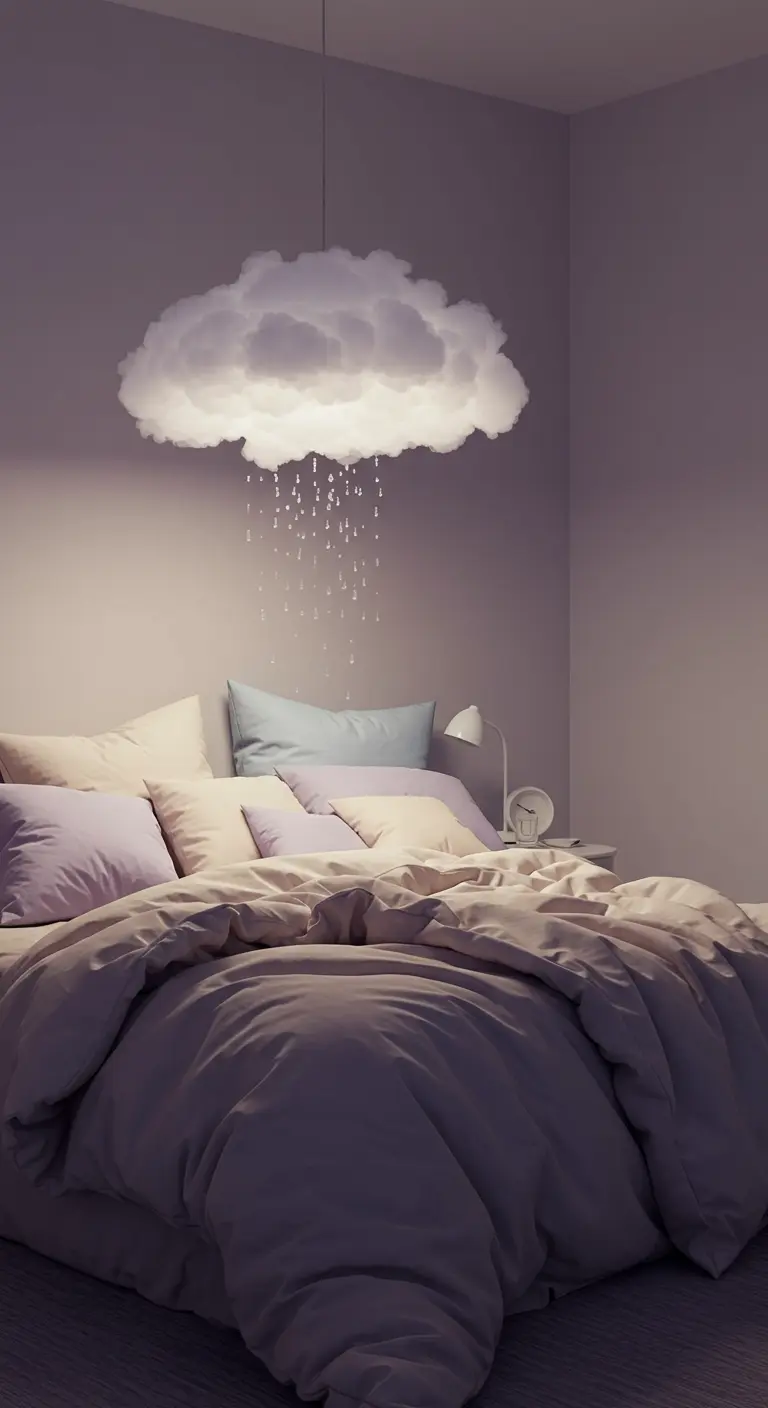 Slaapkamer met unieke wolkenlamp die lichtgevende regendruppels simuleert boven het bed.