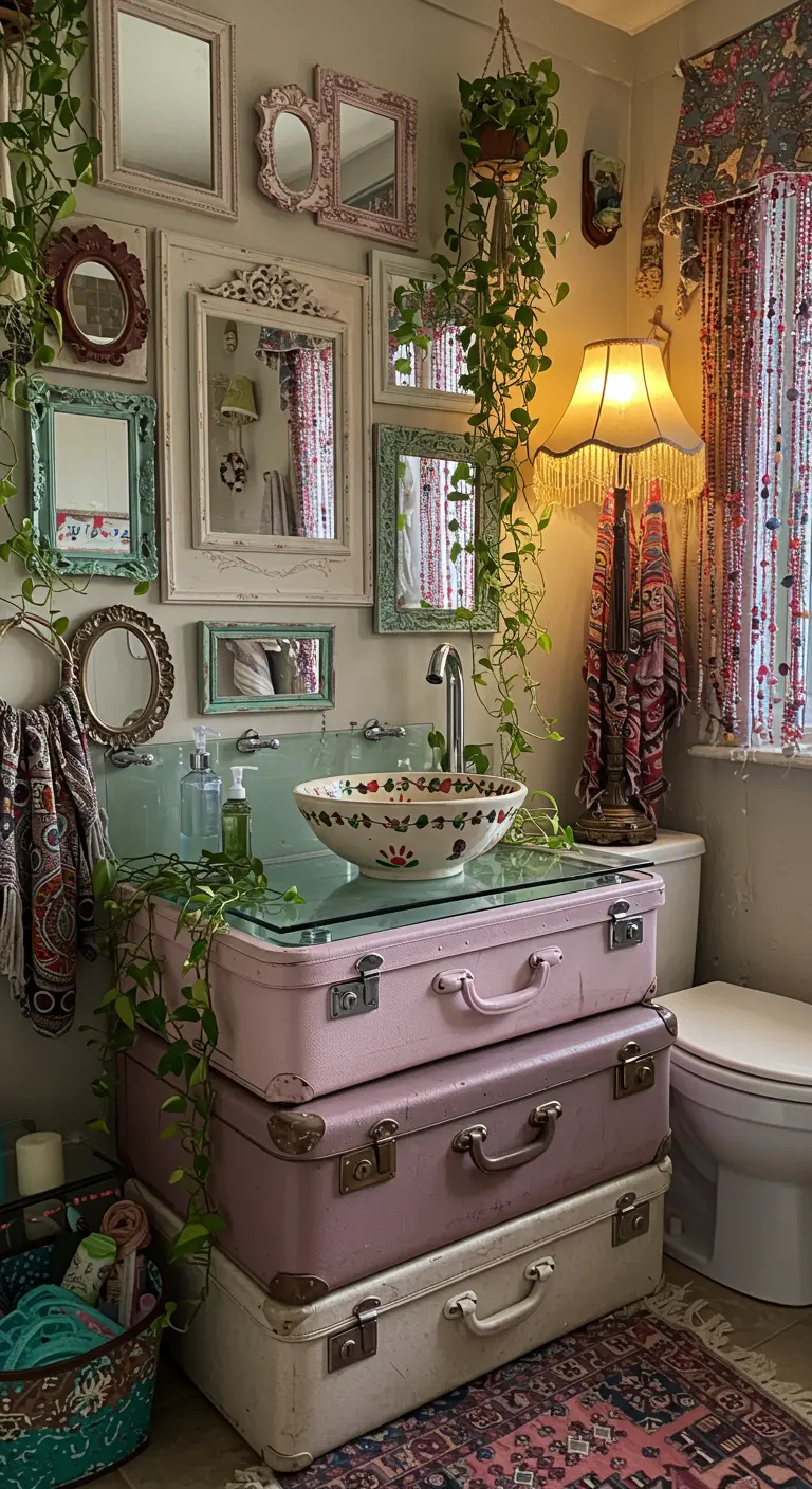 Wastafelonderstel van gestapelde vintage koffers in een bohemian badkamer.
