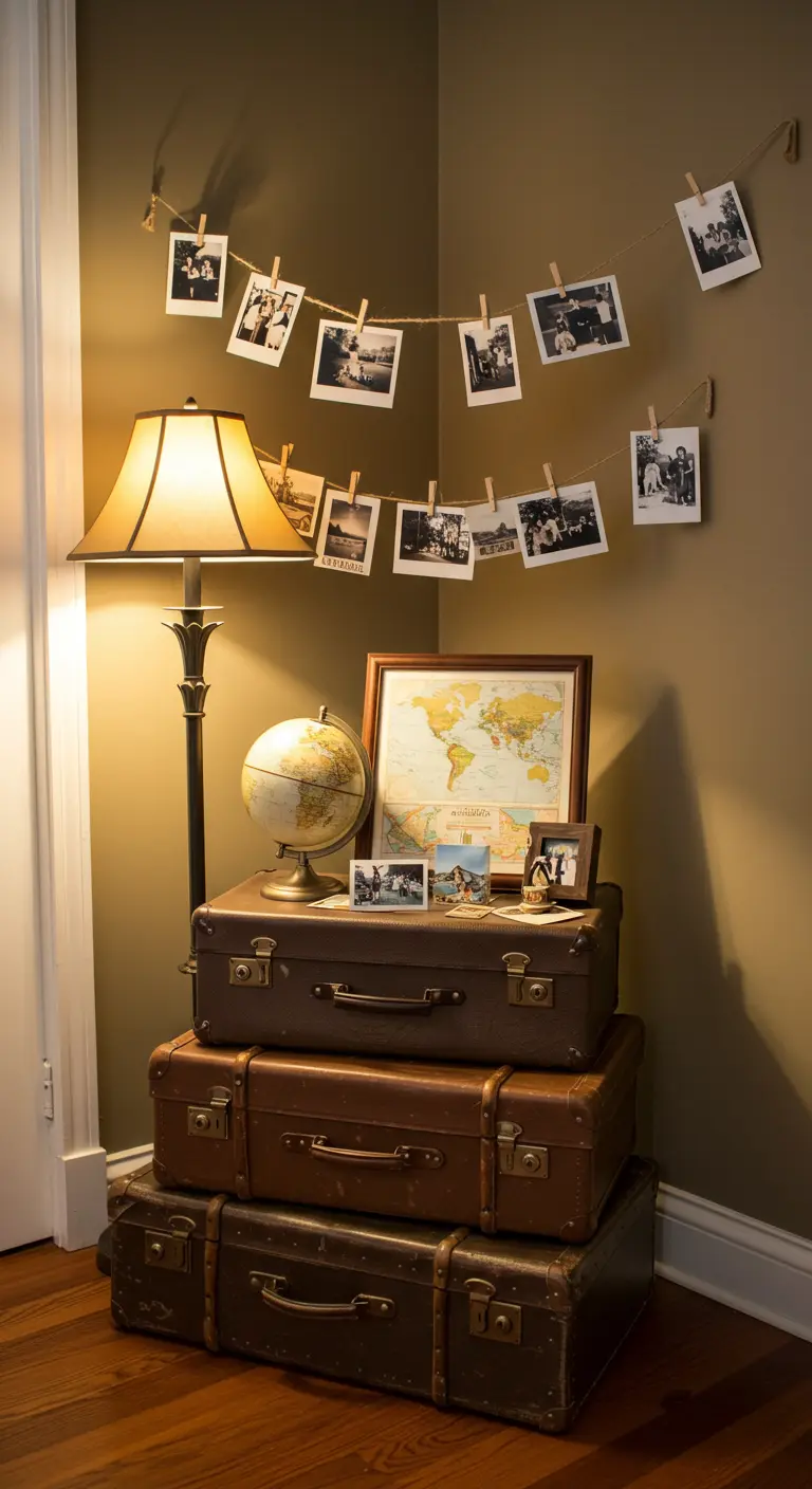 Gestapelde vintage koffers met oude foto's, een wereldbol en een schemerlamp.