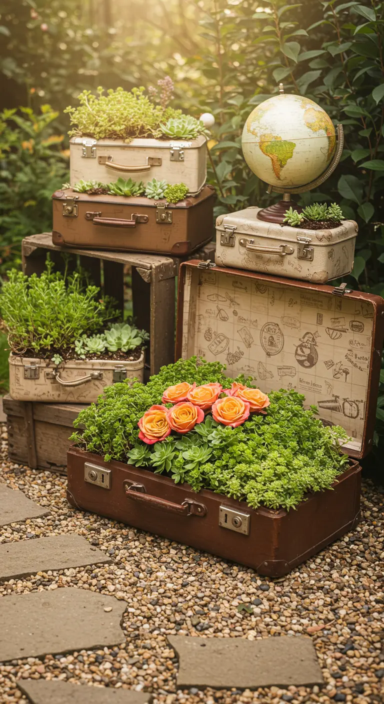 Open vintage koffers gevuld met groene vetplanten en oranje rozen, op een grindpad.