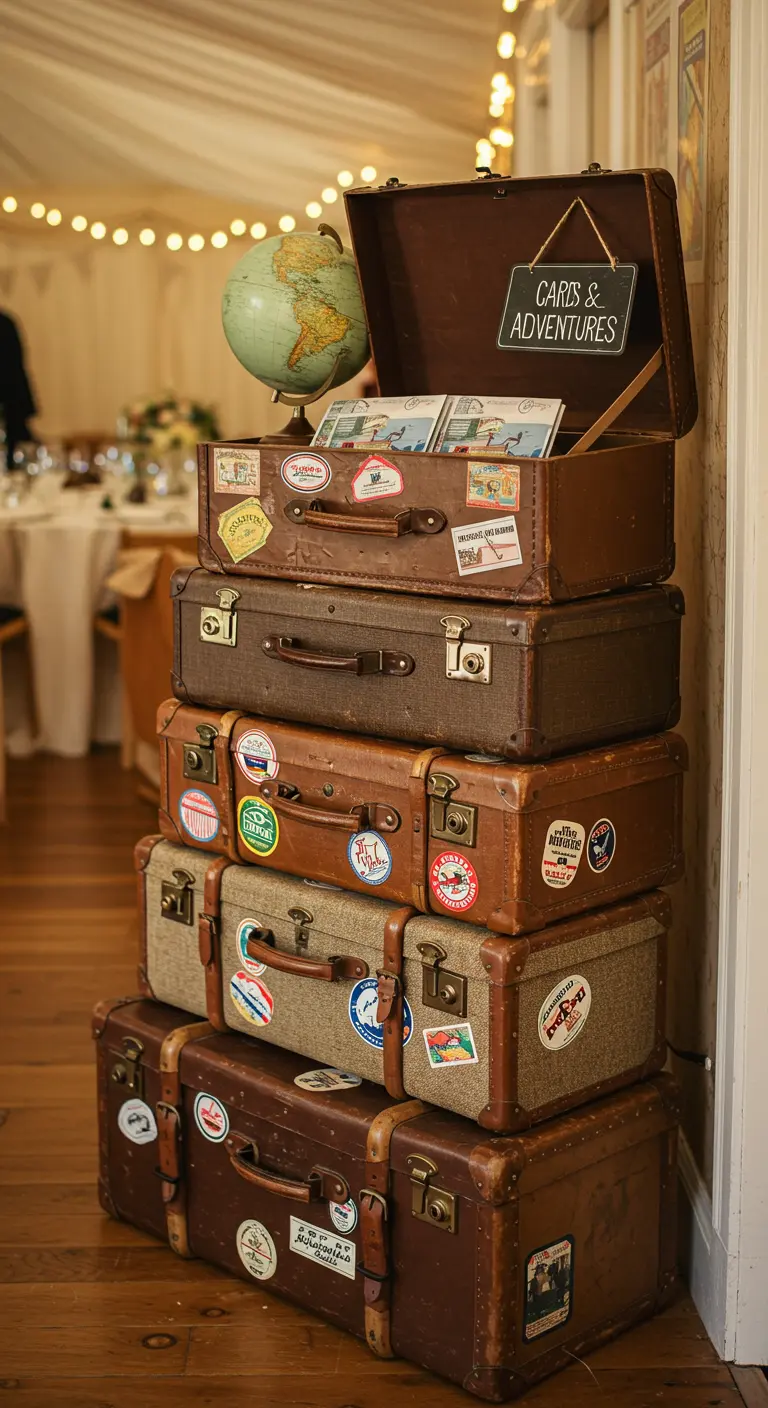 Stapel vintage koffers met reisstickers, gebruikt als display voor bruiloftskaarten, met wereldbol.