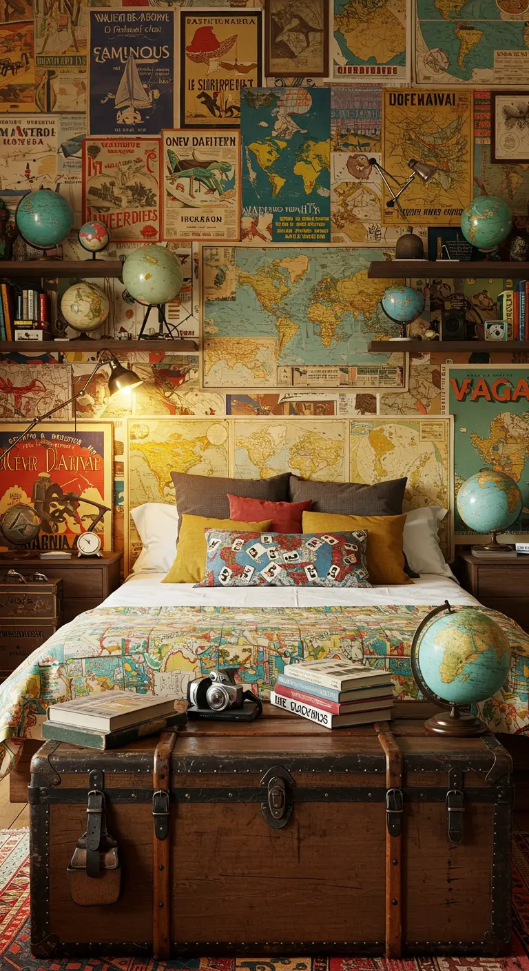 Muur beplakt met vintage wereldkaarten en reisposters boven bed.