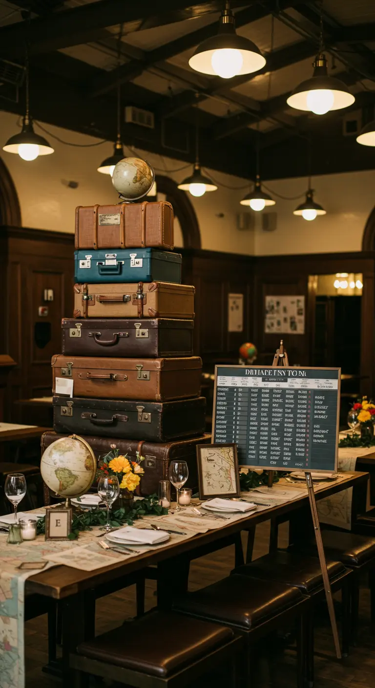 Reis-thema decoratie met gestapelde vintage koffers, wereldbol en vertrekbord als tafelindeling.