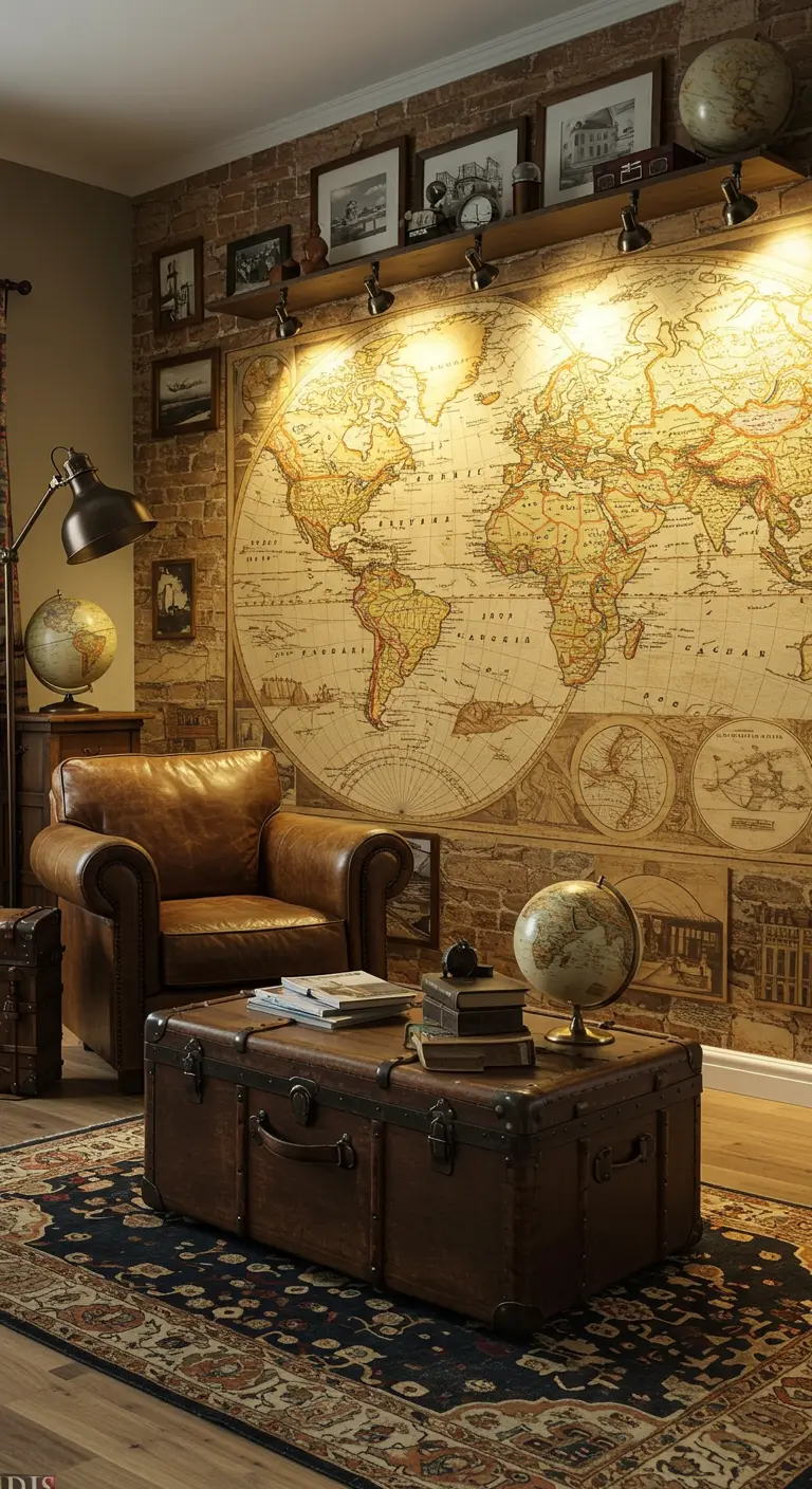 Woonkamer in reisthema met een grote vintage wereldkaart op een bakstenen muur.