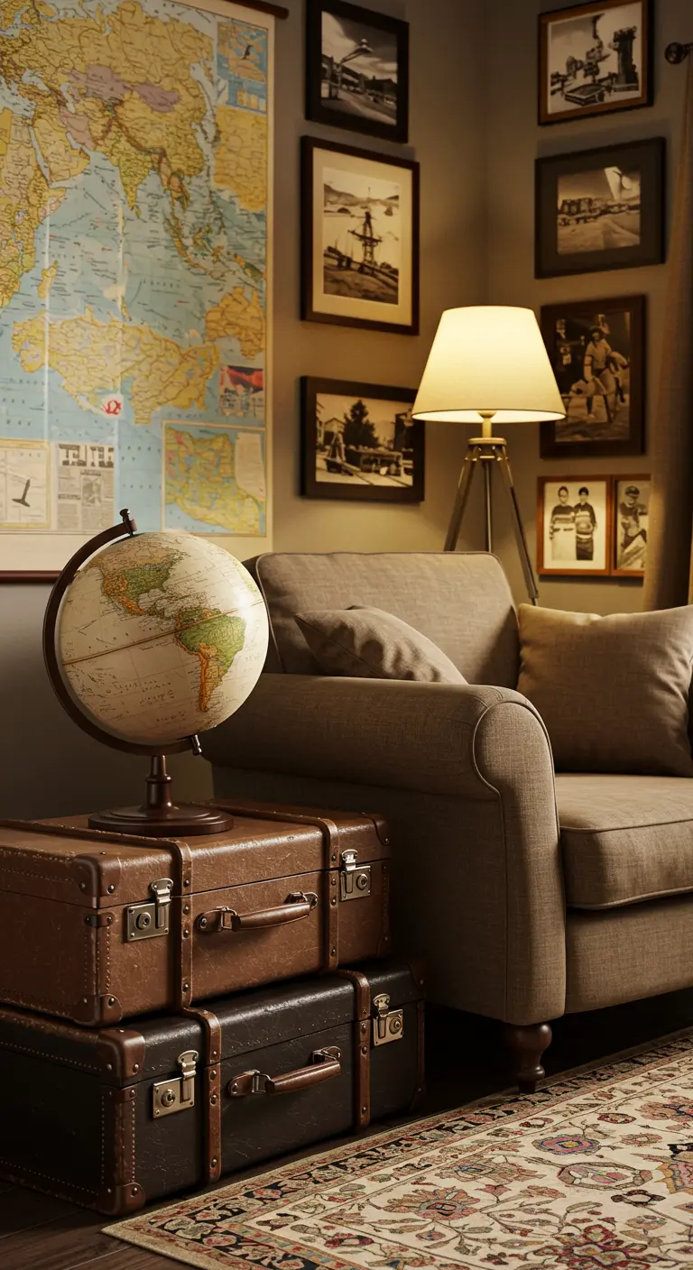 Stapel vintage leren reiskoffers gebruikt als bijzettafel, naast een fauteuil met een wereldbol erop.