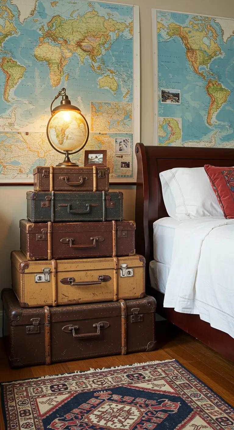 Stapel vintage koffers gebruikt als nachtkastje naast een bed, met een wereldkaart aan de muur.