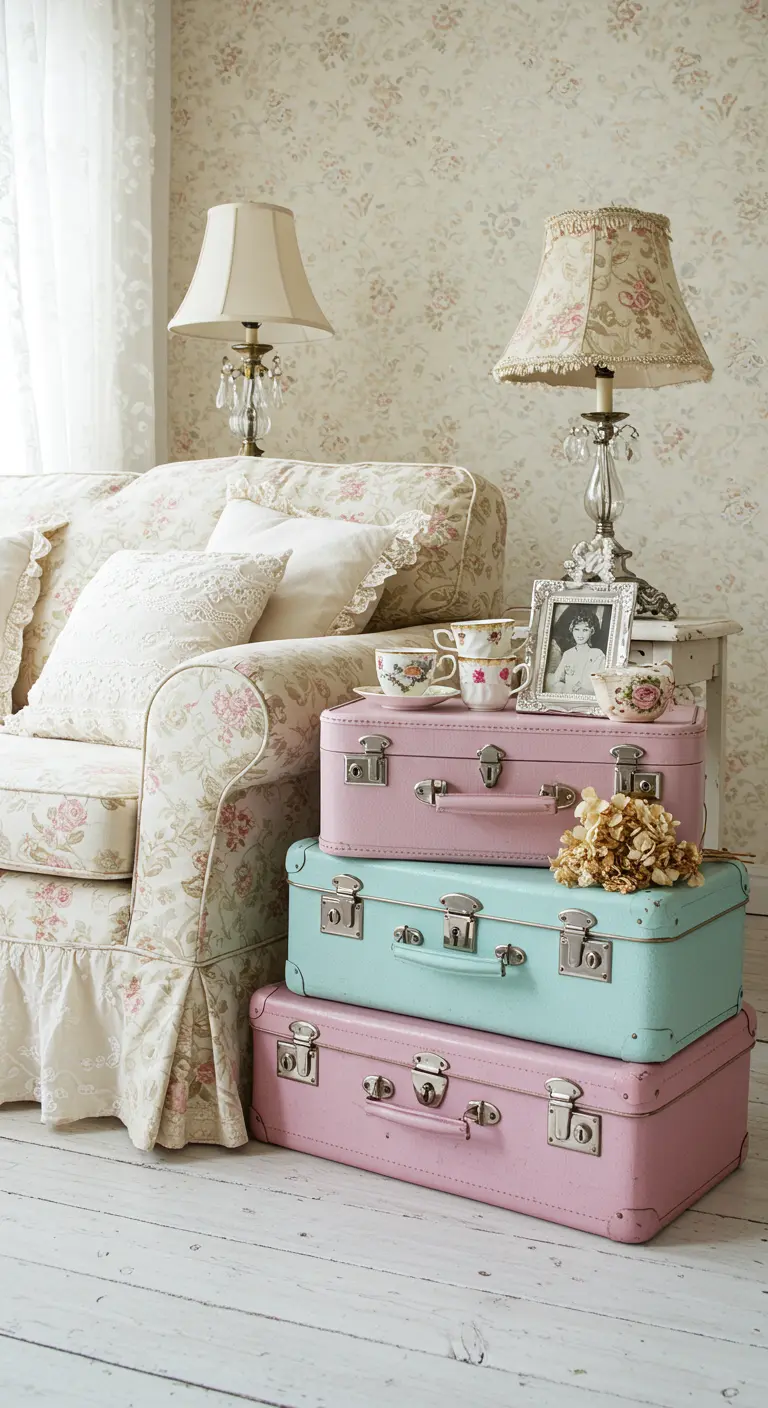 Drie gestapelde vintage koffers in pastelkleuren als bijzettafel.