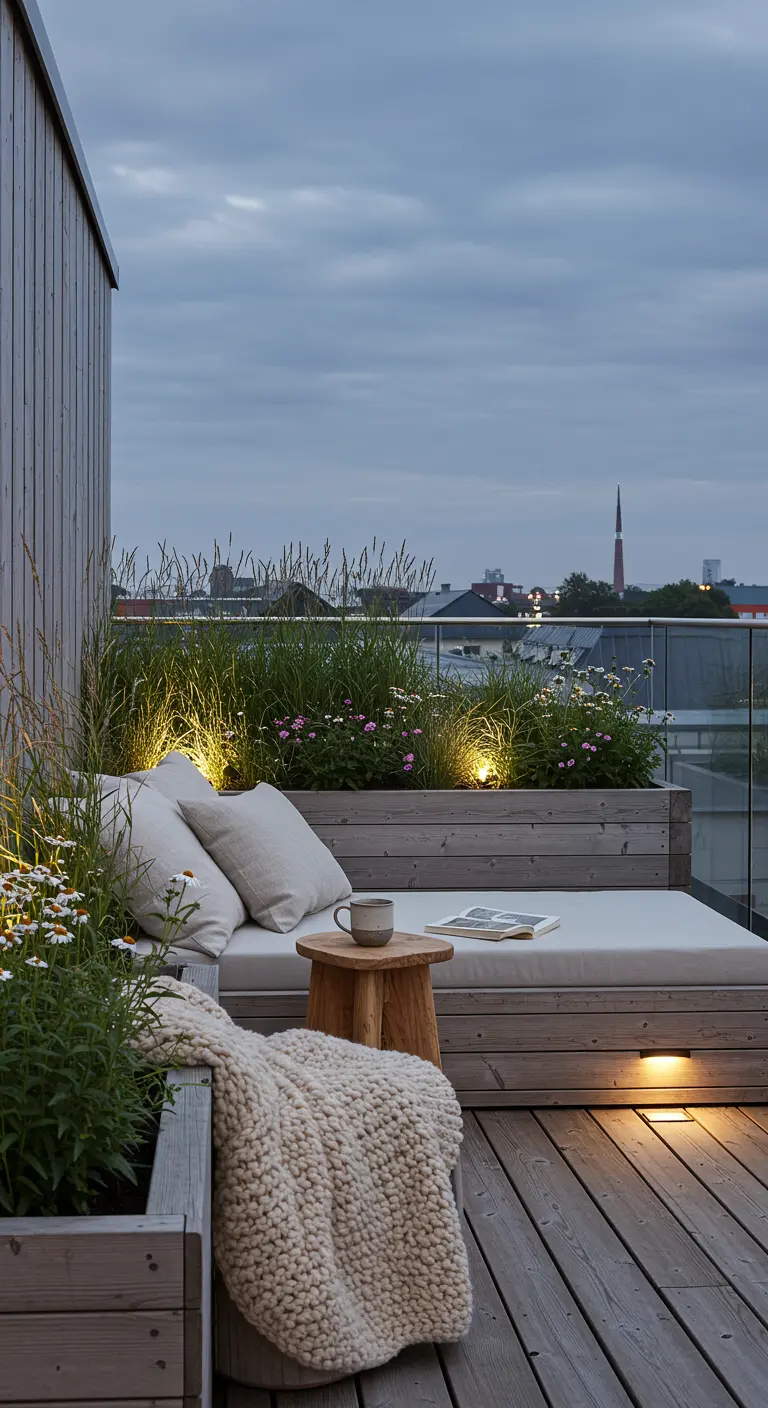 Dakterras met houten loungebanken, ingebouwde plantenbakken met gras, en sfeervolle verlichting.