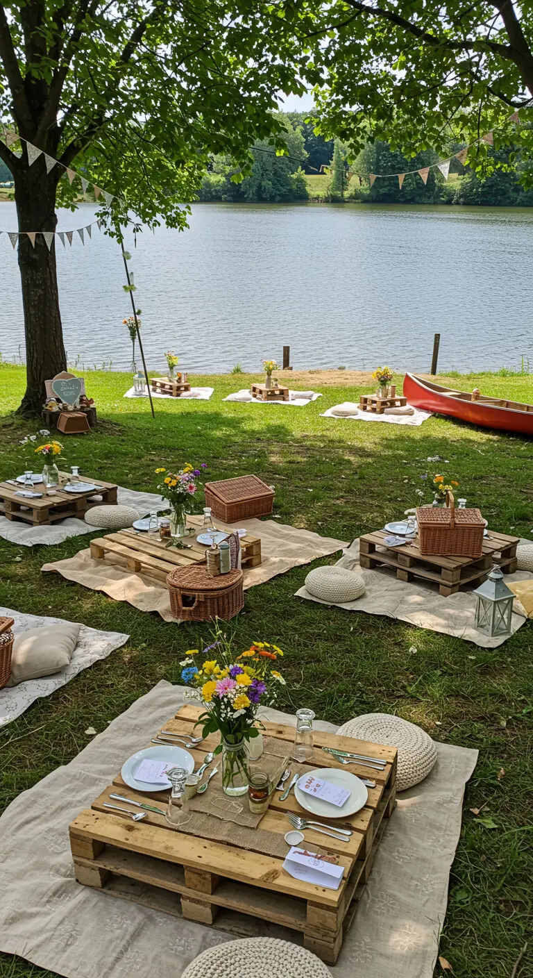 Picknick-stijl bruiloftssetting aan het water met pallets als tafels, kleden en veldbloemen.
