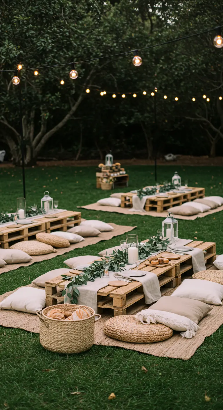 Lage pallettafels met kussens op gras voor een tuinfeest picknickstijl.