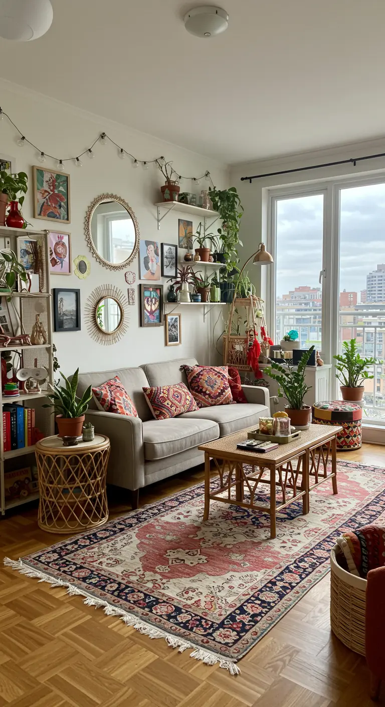 Gezellige boho woonkamer met grijze bank, gallery wall, veel planten en Perzisch tapijt.