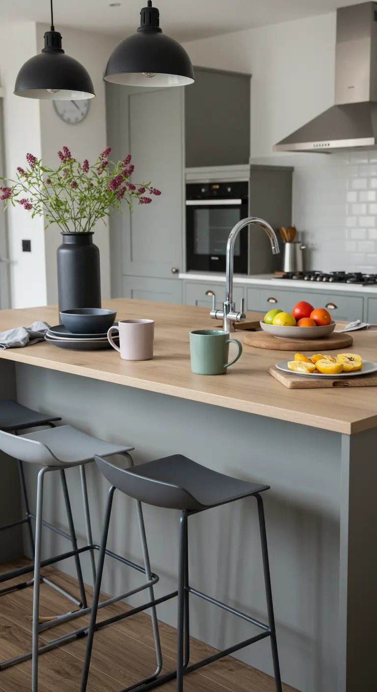Modern landelijke keuken met gekleurde mokken op het keukeneiland.