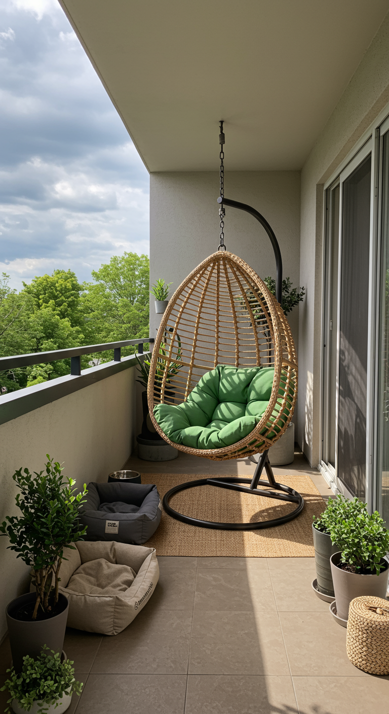 Rotan hangstoel met groene kussens op balkon, naast een hondenkussen en planten.
