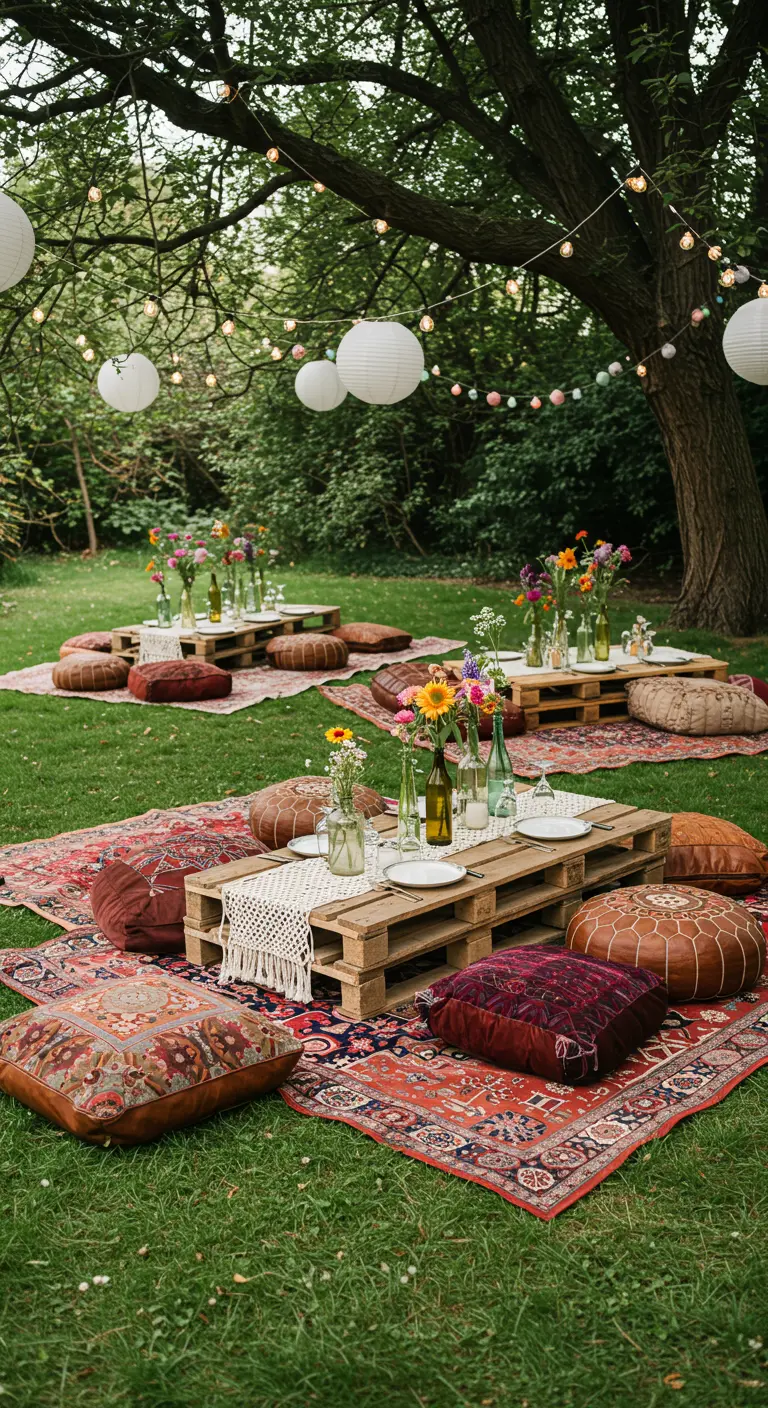 Bohemian picknick setting in tuin met pallets, kleden, kussens, veldbloemen en lampionnen.