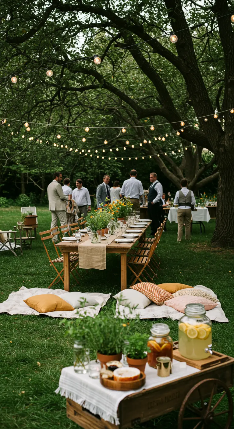 Lange houten dinertafel in tuin met stringlights en informele zitplekken met kussens.