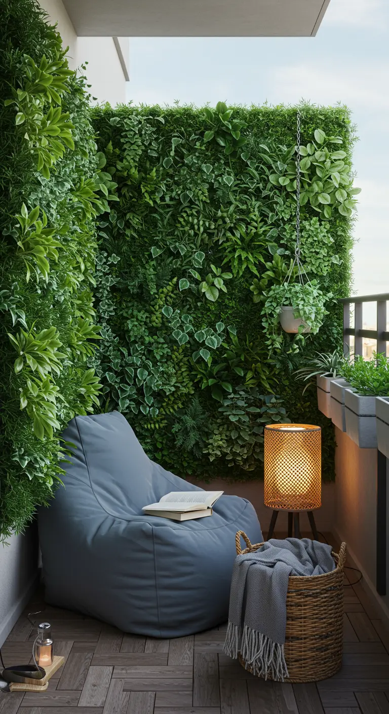 Balkon met een comfortabele grijze zitzak, een volle groene plantenwand, een rieten mand en sfeerlamp.