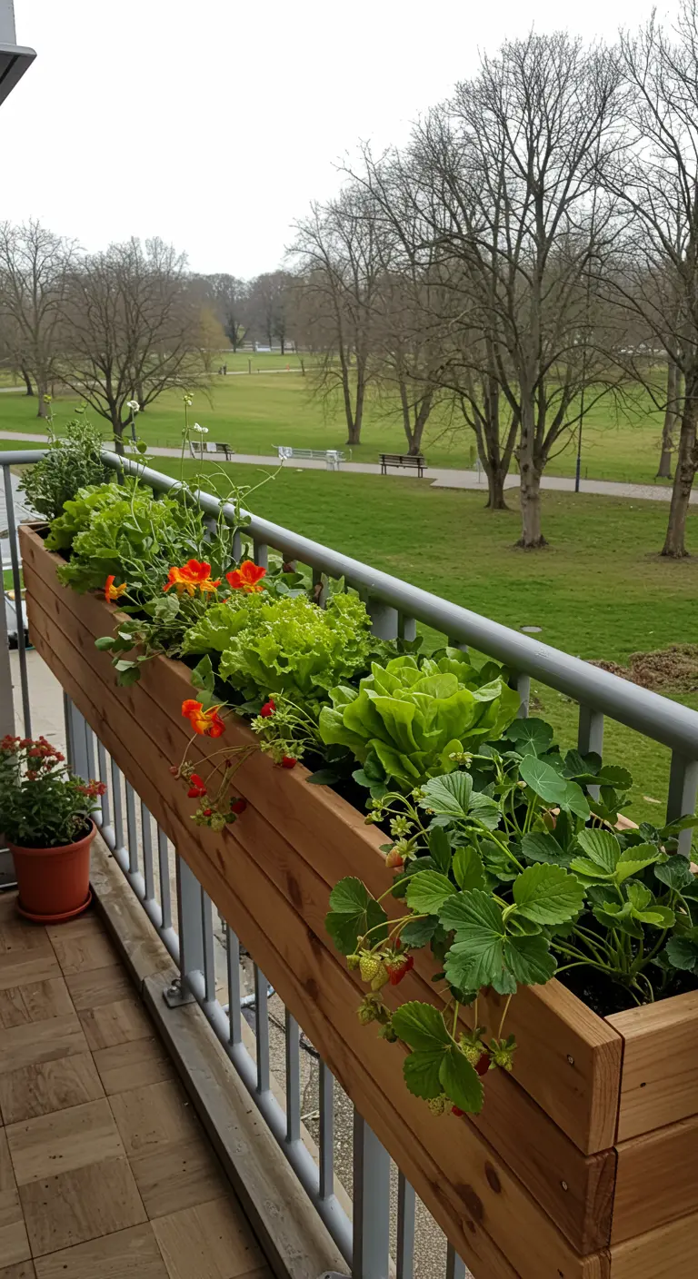 Lange houten plantenbak aan balkonreling met sla, aardbeien en oranje Oost-Indische kers.
