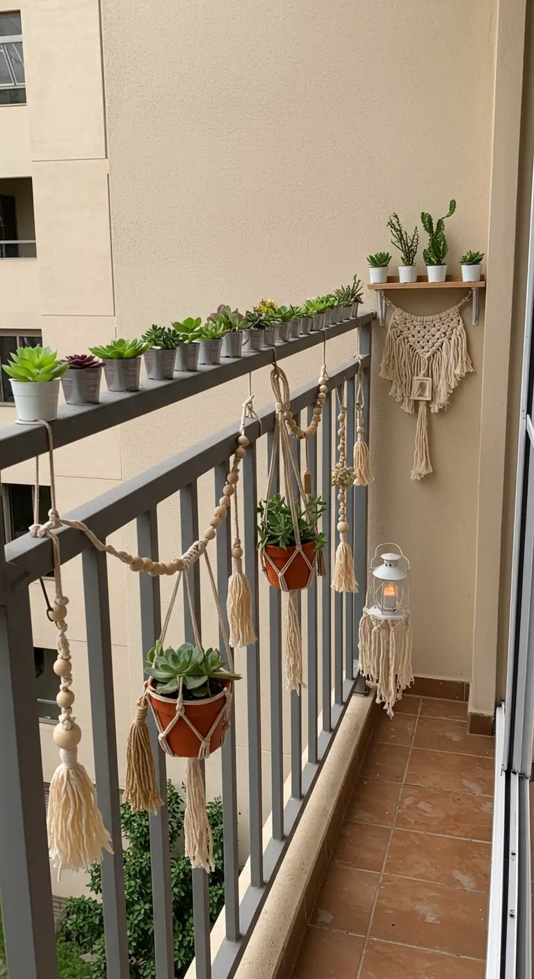 Balkonreling versierd met macramé plantenhangers en kleine vetplantjes.