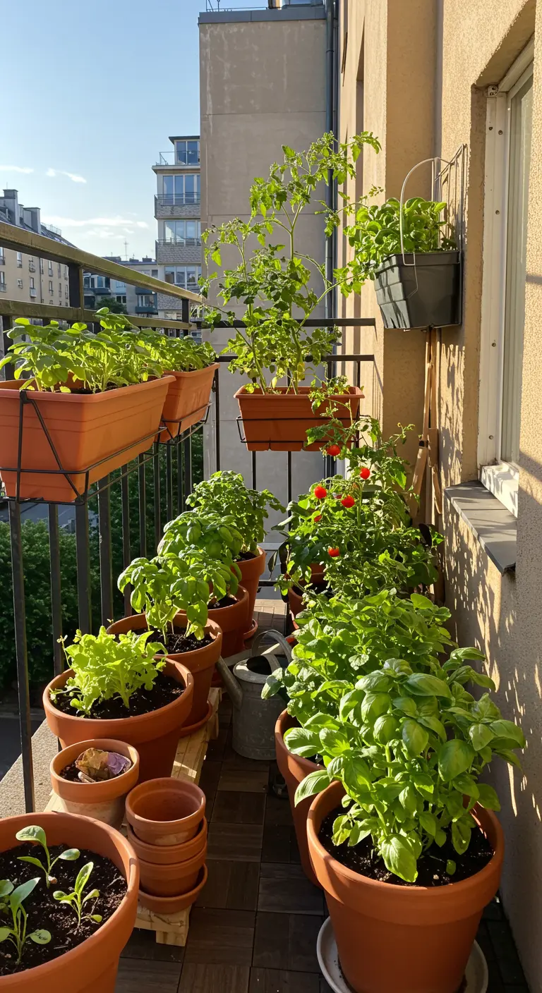 Zonnig balkon vol potten en bakken met kruiden en tomaten, deels aan de reling.