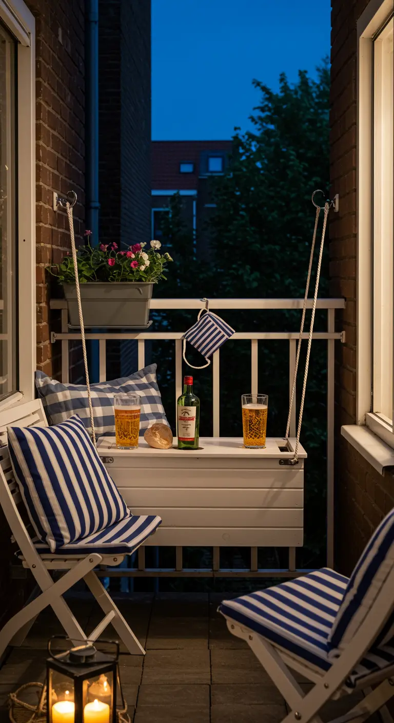 Wit houten hangend barretje aan balkonreling met drankjes en stoelen.