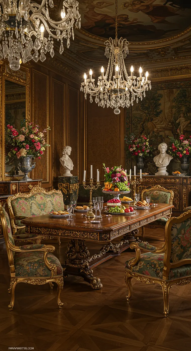 Grootse eetzaal met donkerhouten meubels, gouden accenten, kroonluchters en veel kaarsen.