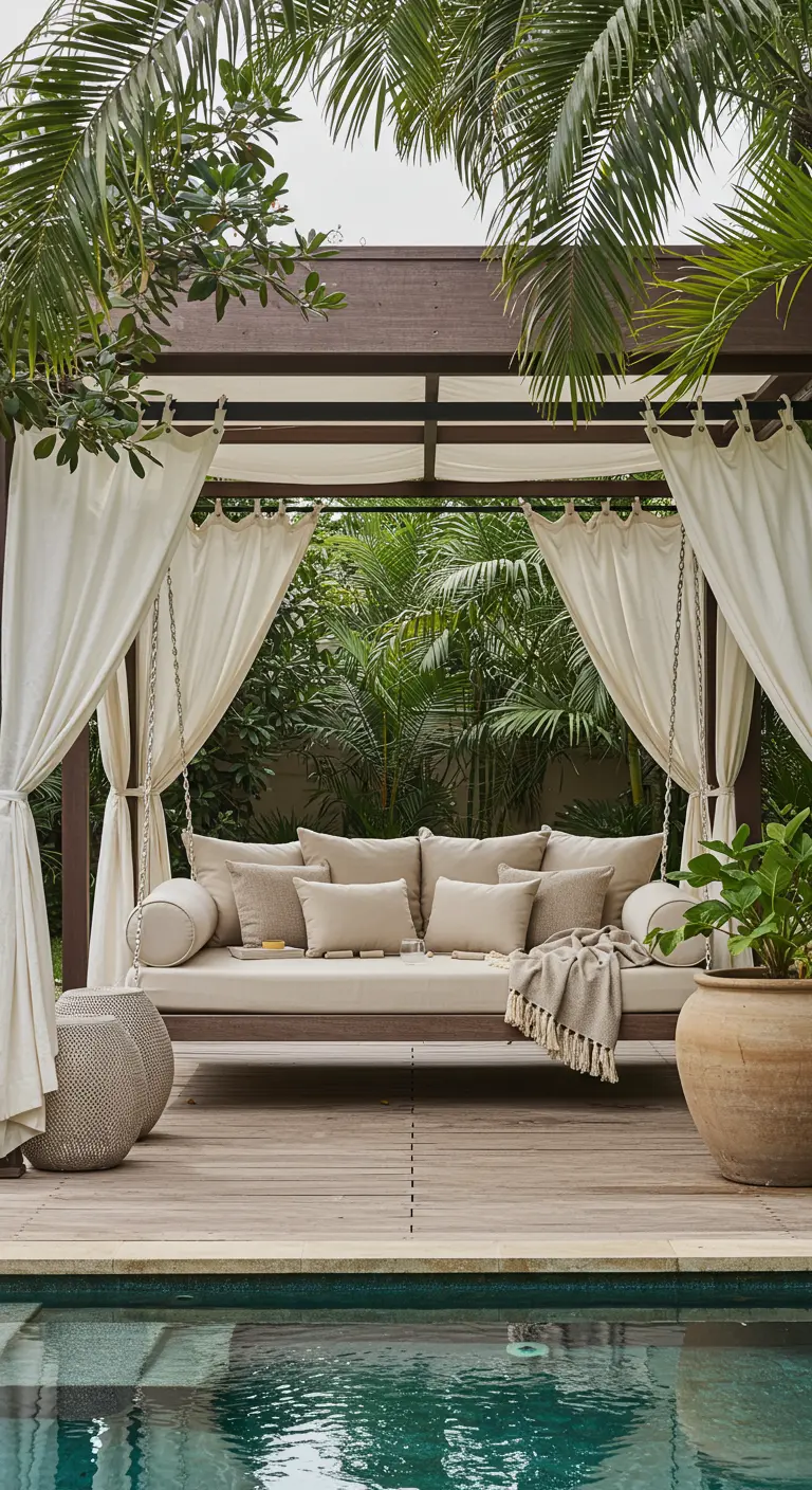 Groot schommelbed met crèmekleurige kussens en gordijnen onder een pergola bij een zwembad.