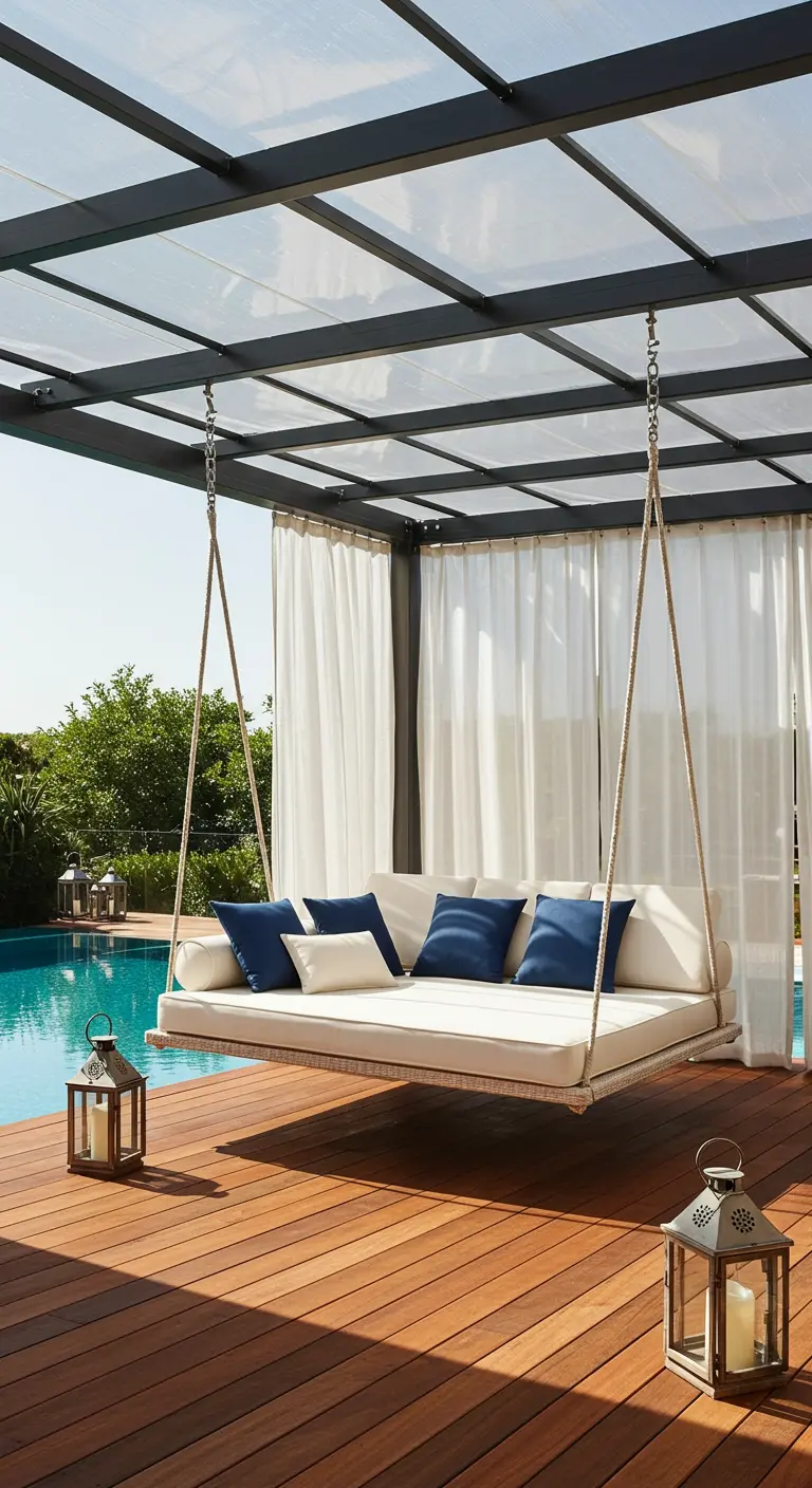 Wit schommelbed met blauwe kussens onder pergola met gordijnen bij zwembad.