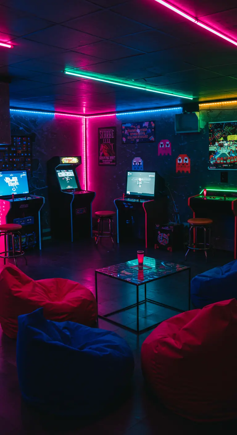 Donkere kamer met neonverlichting, arcadekasten en zitzakken, als een retro gamehal.