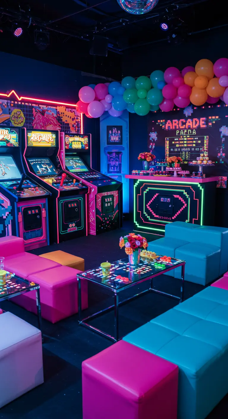 Arcade themafeest met retro spellen, neonverlichting en kleurrijke blokken.