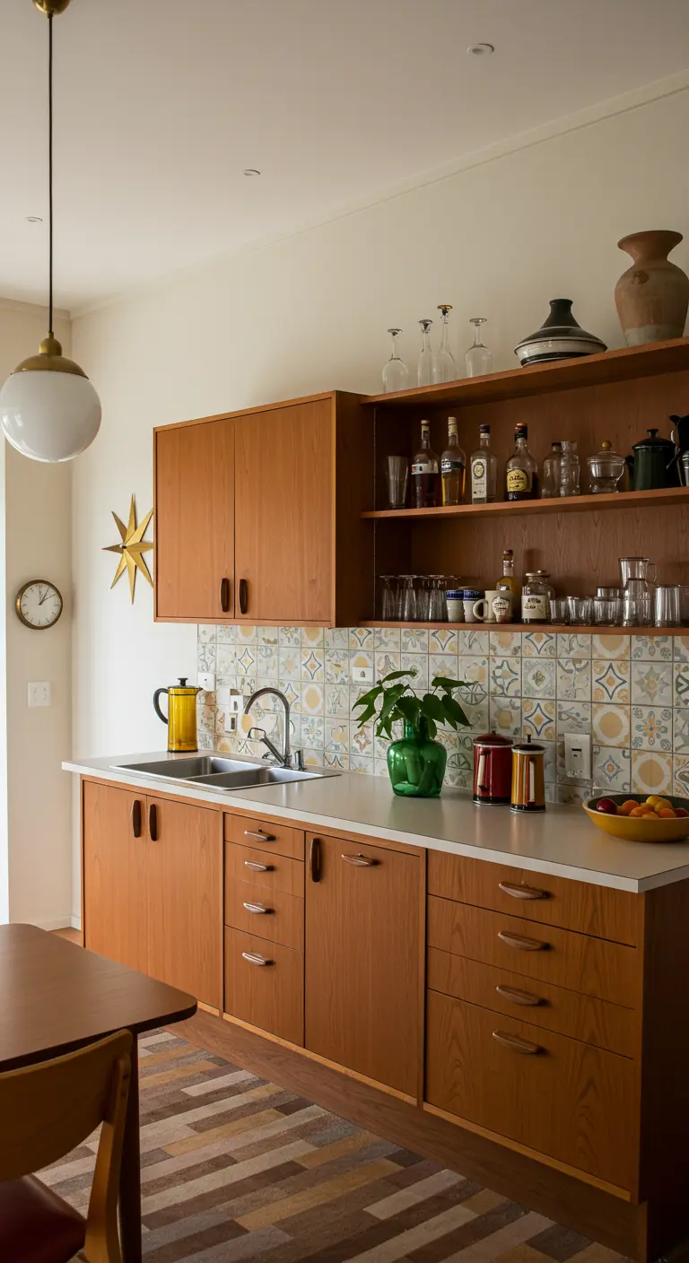 Retro keuken met houten kasten, open plank met flessen en kleurrijke tegelachterwand.