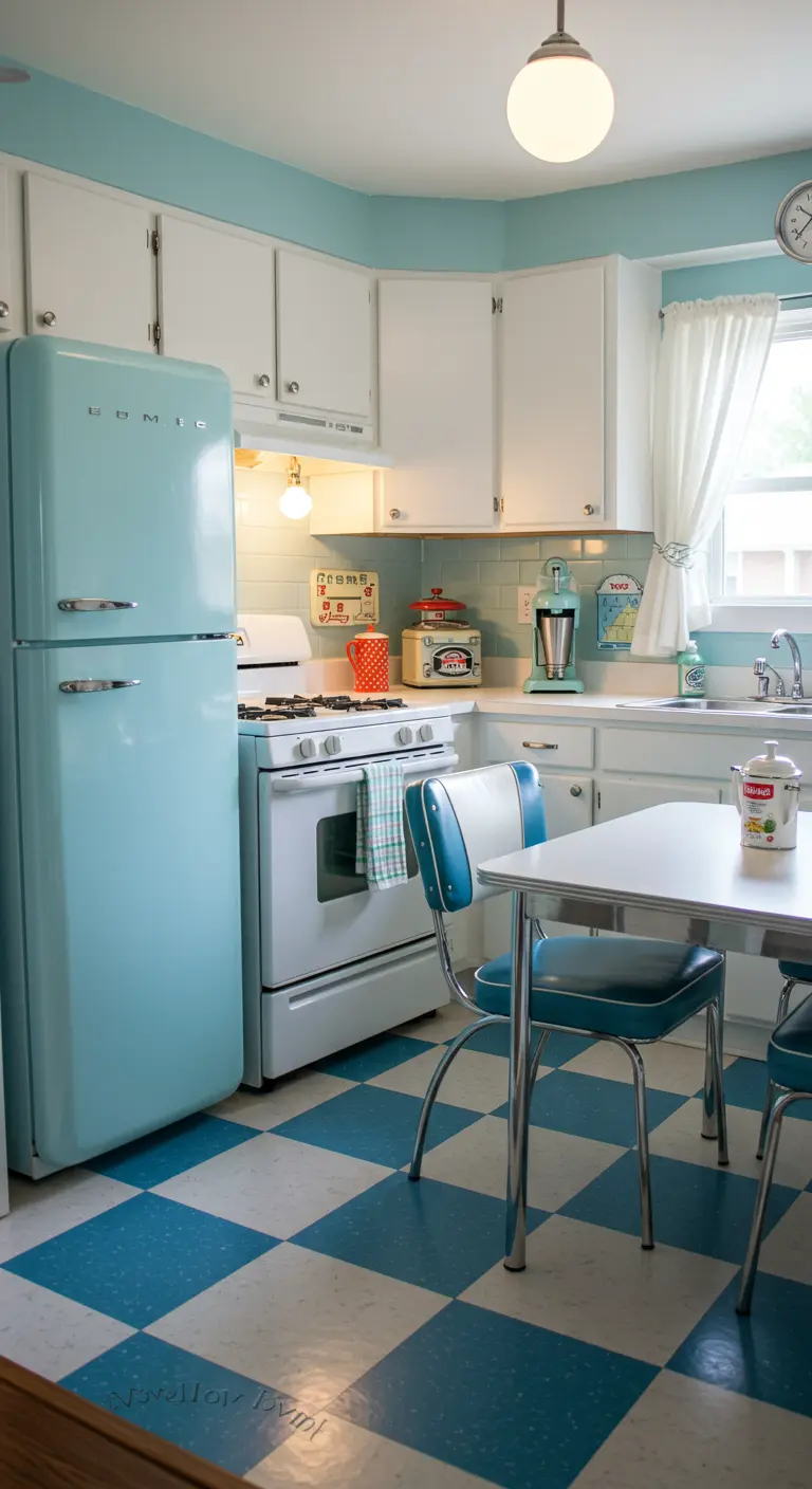 Retro keuken met lichtblauwe koelkast, witte kasten en blauw-witte geblokte vloer.