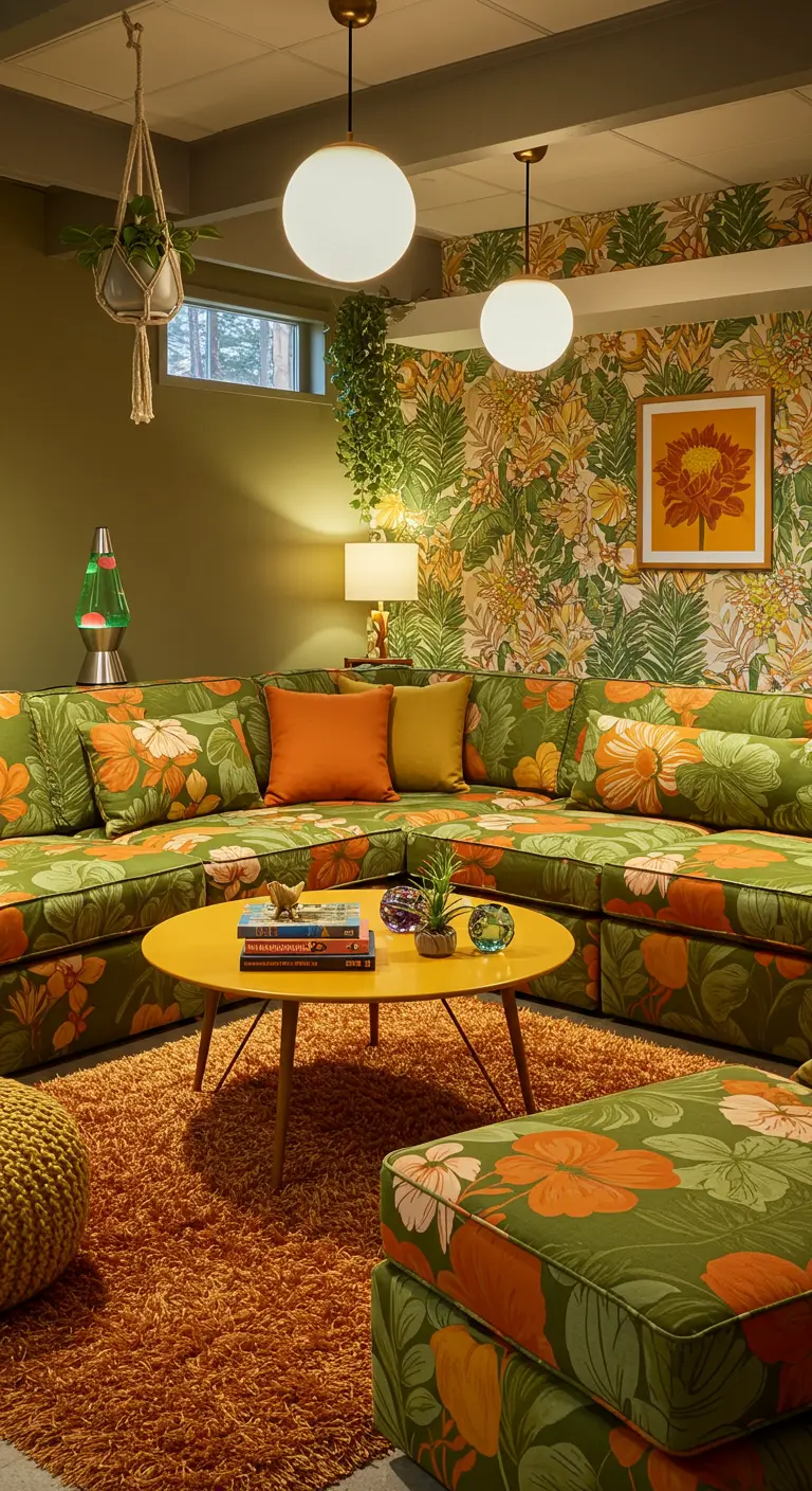 Retro woonkamer met hoekbank in bloemenprint, botanisch behang en oranje accenten.