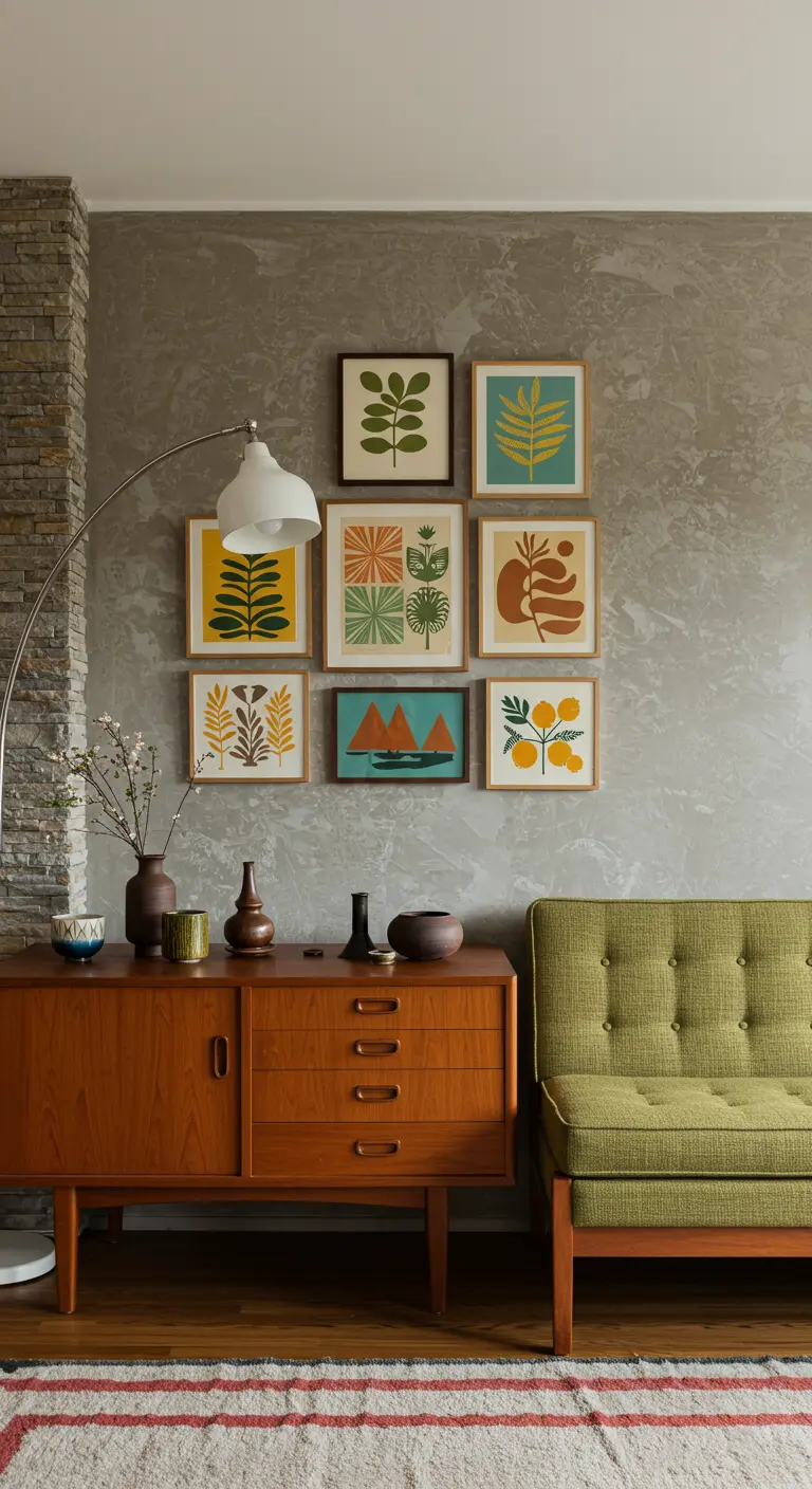 Mid-century woonkamer met galerijwand van retro botanische en abstracte prints.