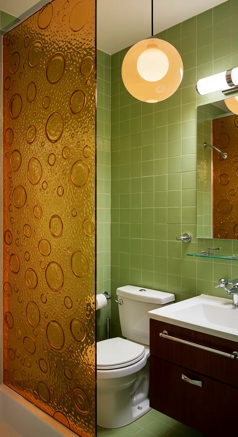 Badkamer met amberkleurig glas met bubbeltextuur als douchewand en groene wandtegels.