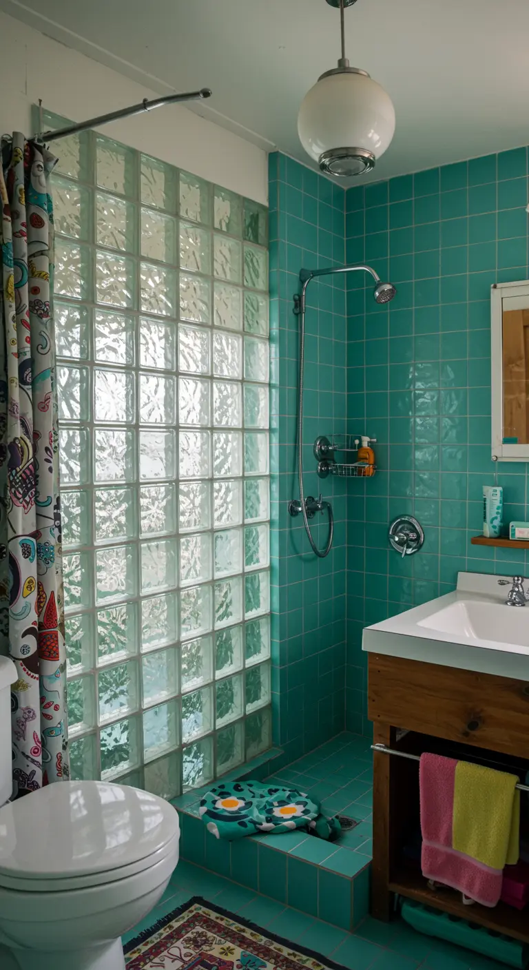 Turquoise badkamer met douchewand van glasblokken en retro sfeer.