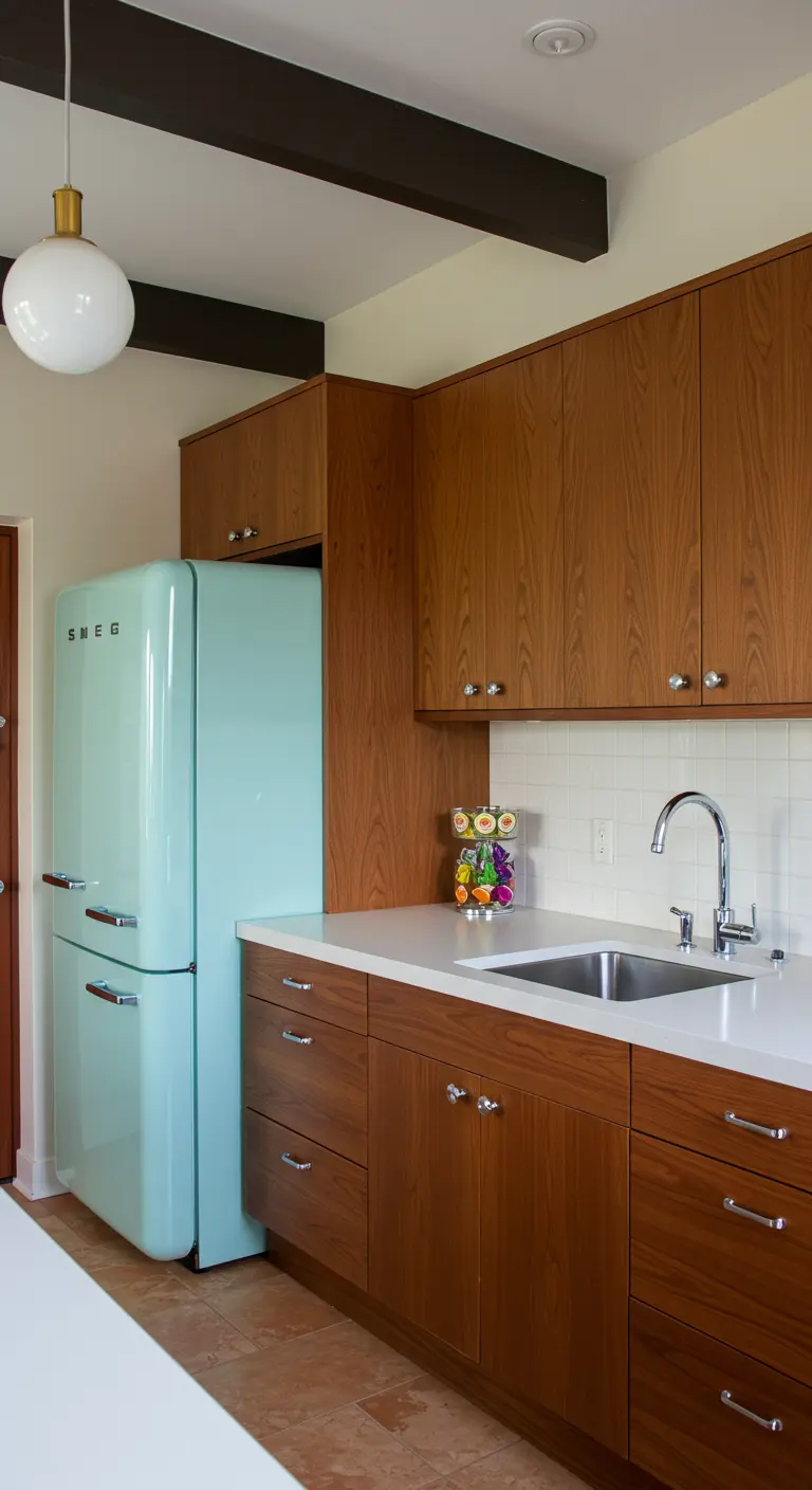 Houten keuken met retro mintgroene koelkast en kleine chromen knopgrepen.