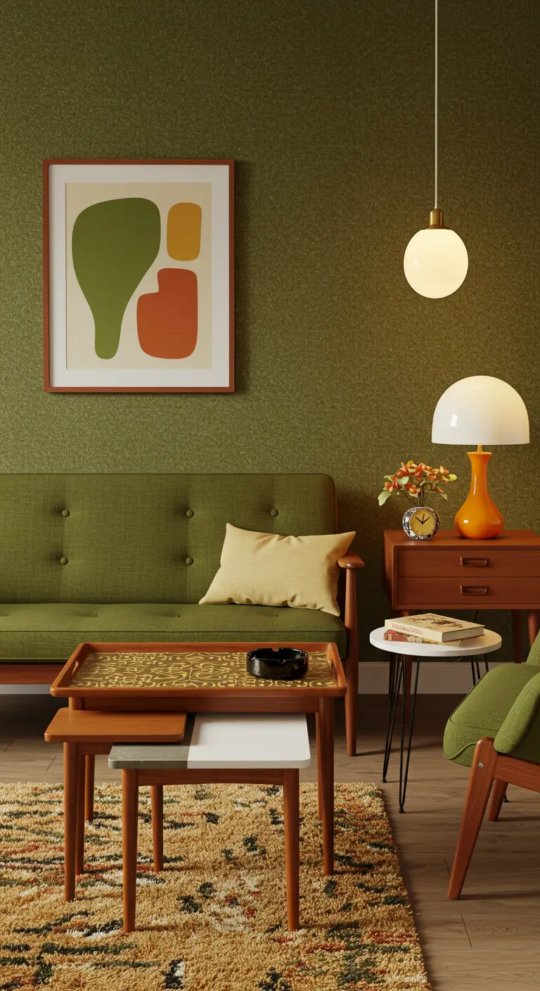 Set van drie mid-century modern bijzettafels met houten pootjes, één met dienblad.