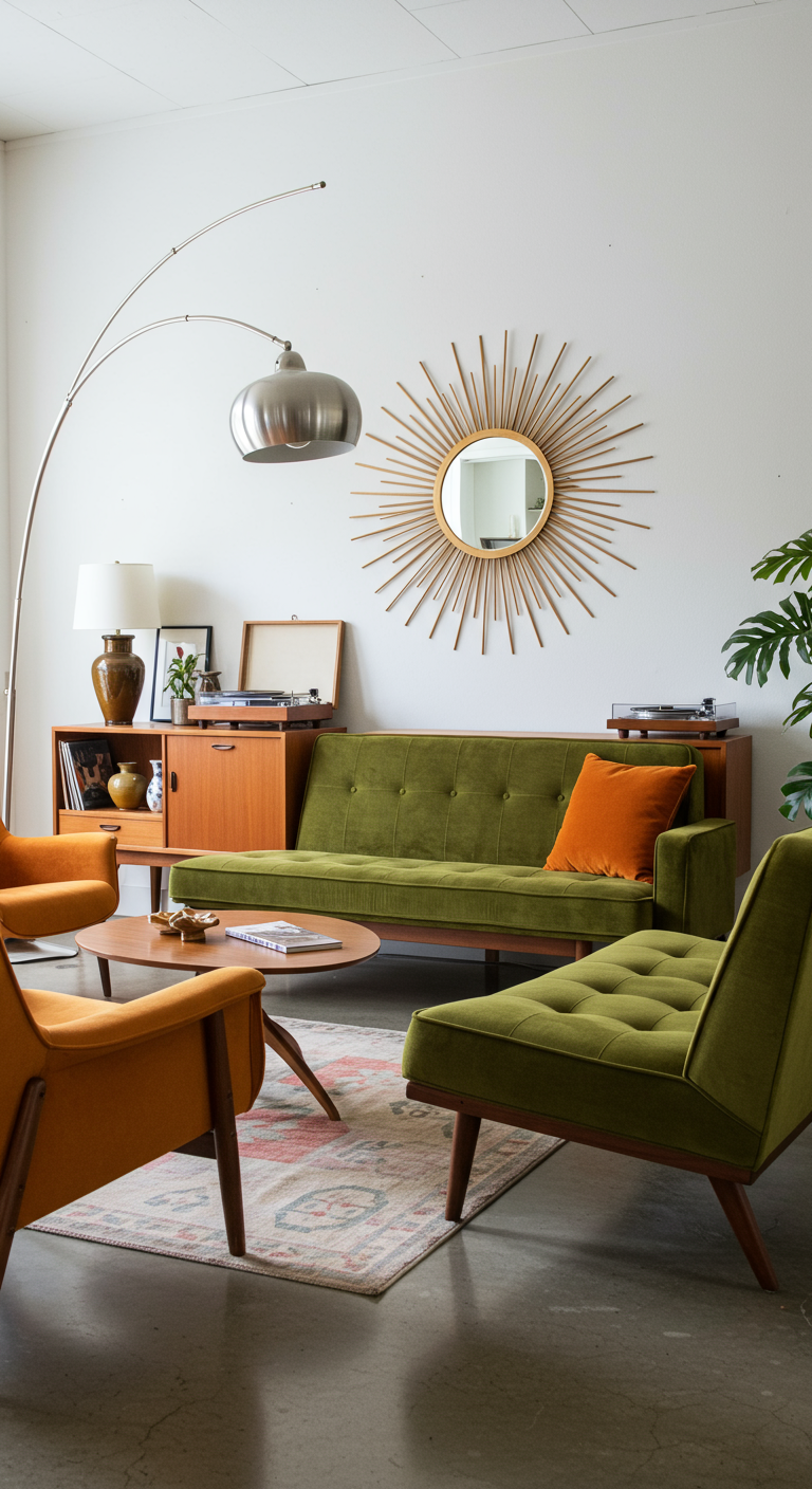 Mid-century modern woonkamer met olijfgroene fluwelen bank en houten meubels.