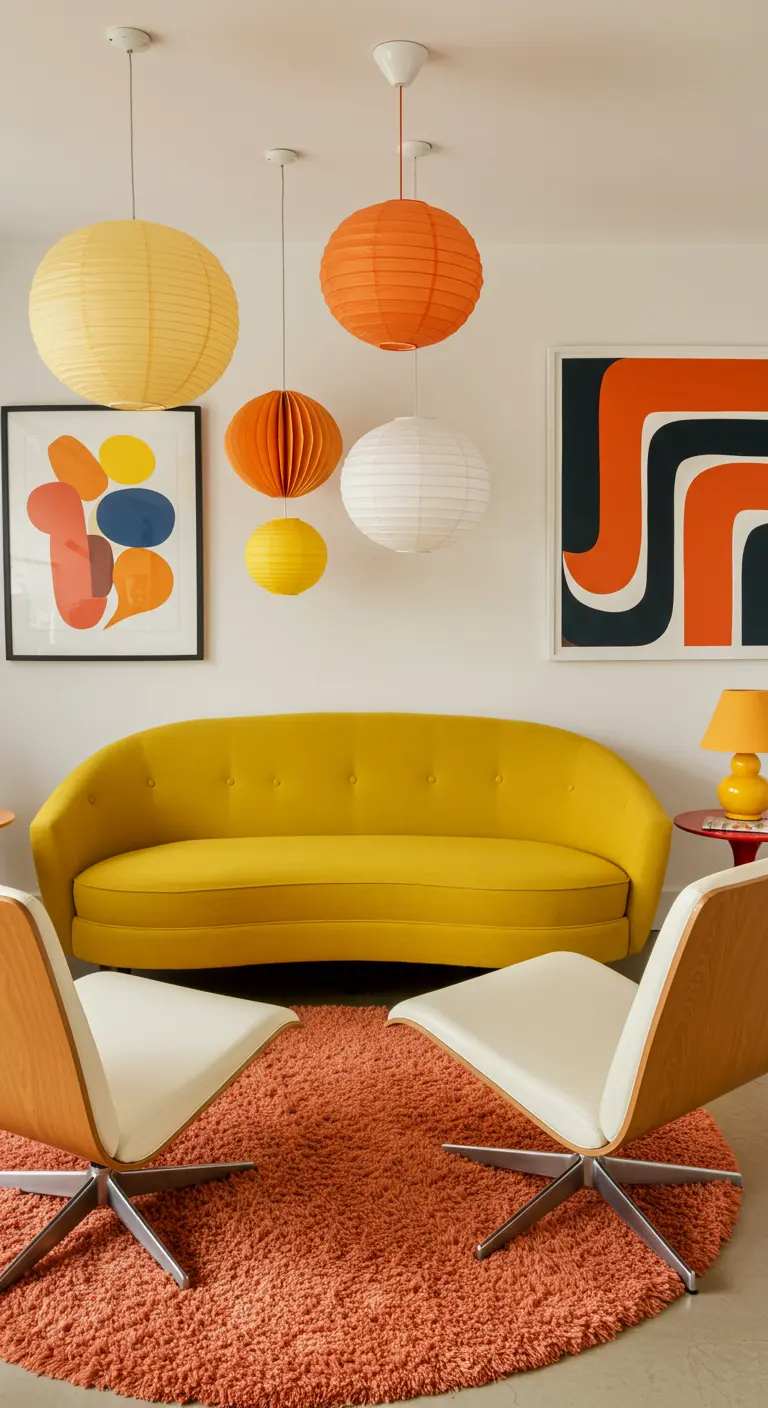 Retro woonkamer met een gele gebogen bank en kleurrijke ronde papieren lampions.