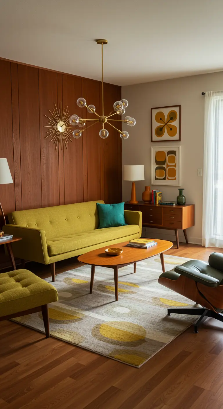 Mid-century modern woonkamer met houten wandpanelen, gele bank en retro accessoires.